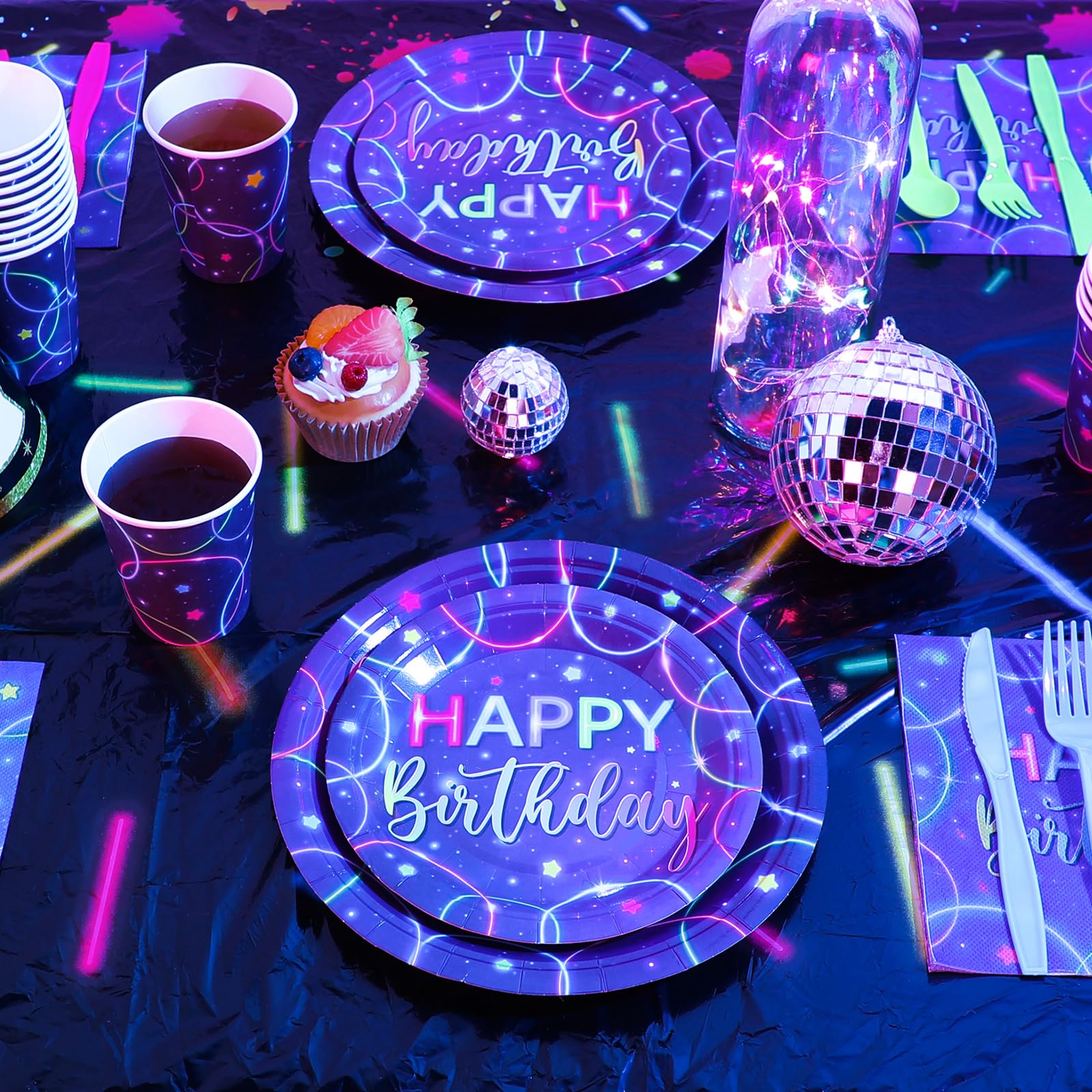 Meanplan Neon Happy Birthday Party Plates & Napkins Set - 168 Pcs Glow in the Dark Tableware for Kids (24 Guests) with Cups, Utensils & Decorations - Perfect for Glow Themed Birthday Parties & Nighttime Celebrations