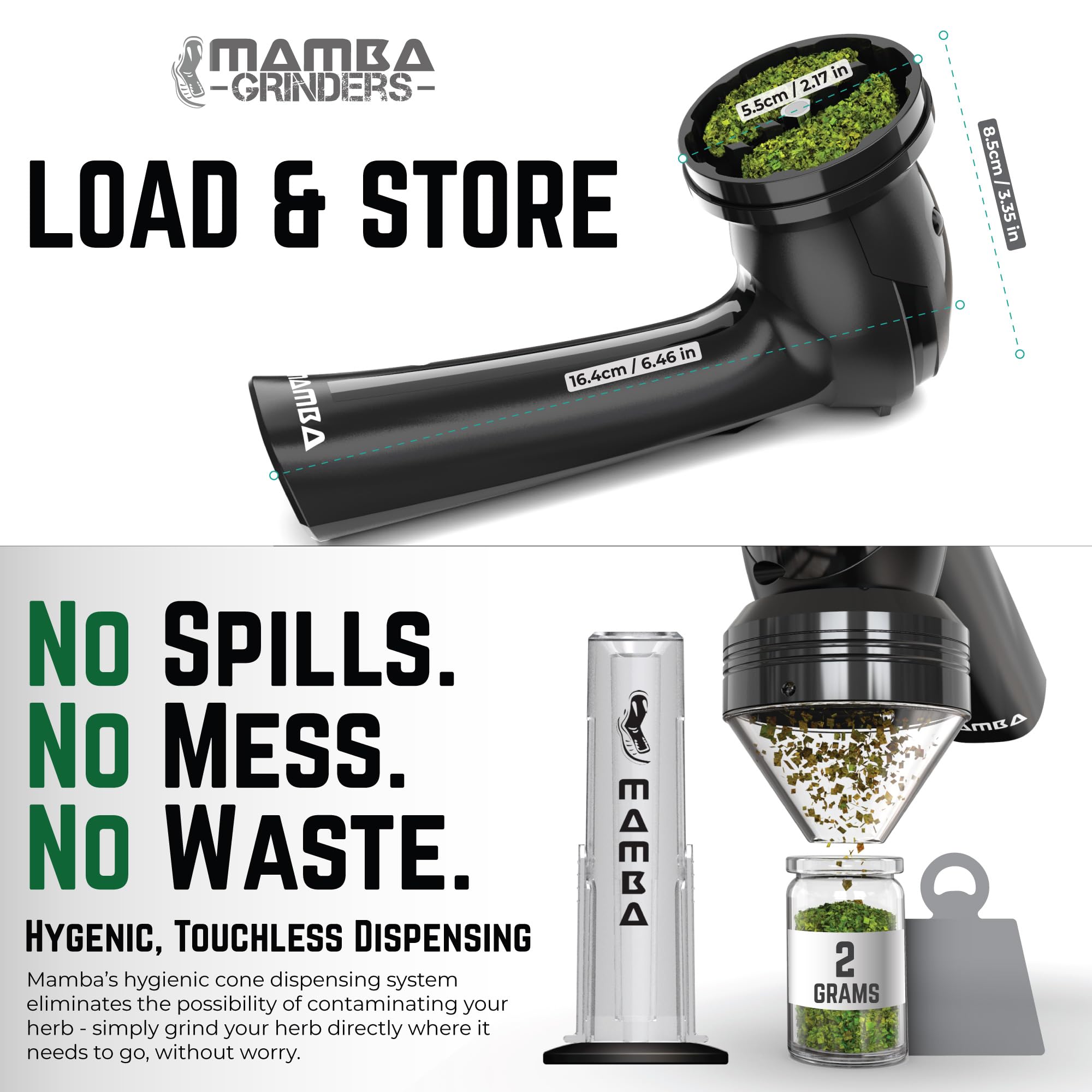 Mamba Loader XL 2g Black USB Electric Herb Grinder - Portable Metal Spice Mill for Kitchen, Herbs & Seasonings | Perfect for Cooking, Baking & Tea Preparation