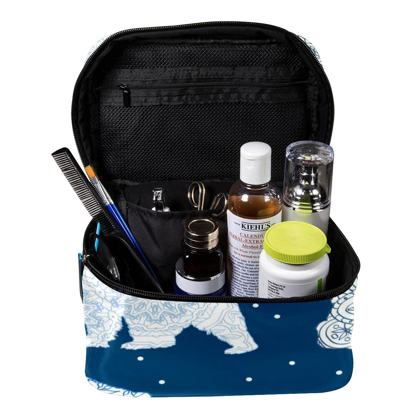 Polar Bear & Dots Blue Pattern Large Travel Makeup Bag - Waterproof Cosmetic Organizer with Zipper for Women & Girls | Perfect for Vacation, Gym, and Daily Essentials Storage