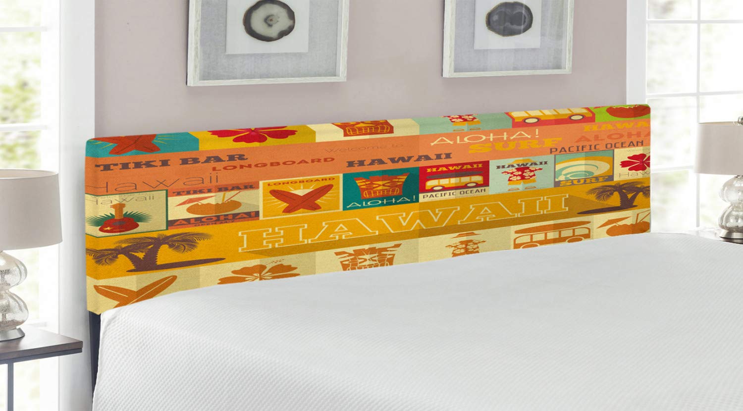 Ambesonne King Size Tiki Bar Headboard - Retro Travel Cards Hawaii Summer Vintage Print Upholstered Metal Bed Headboard with Memory Foam | Multicolor Tropical Bedroom Decor for Beach House & Vacation Home