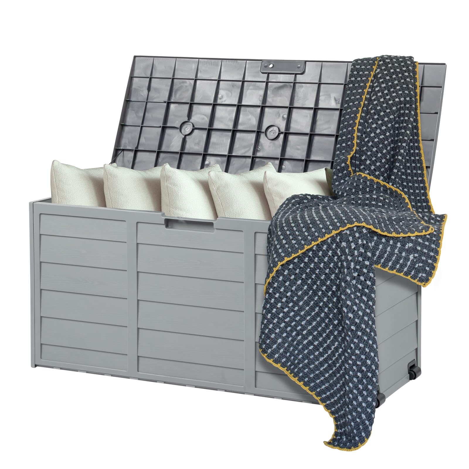 VINGLI 75 Gallon Outdoor Storage Box with Lockable Lid - Waterproof Plastic Deck Box for Patio, Garden, Pool, Balcony & Yard - Grey Storage Container for Cushions, Toys & Outdoor Gear