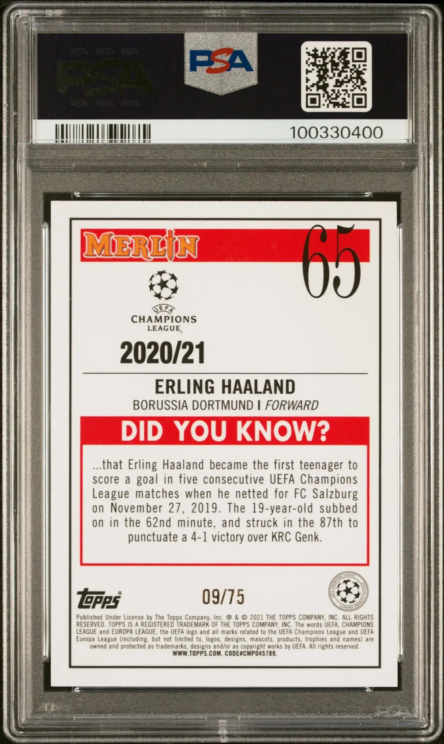 2020 Topps Merlin Chrome UCL Erling Haaland Blue Shimmer Refractor PSA 9 /75 - Rare Soccer Trading Card for Collectors & Investors - Perfect for Display, Gifts, and Sports Memorabilia Collections