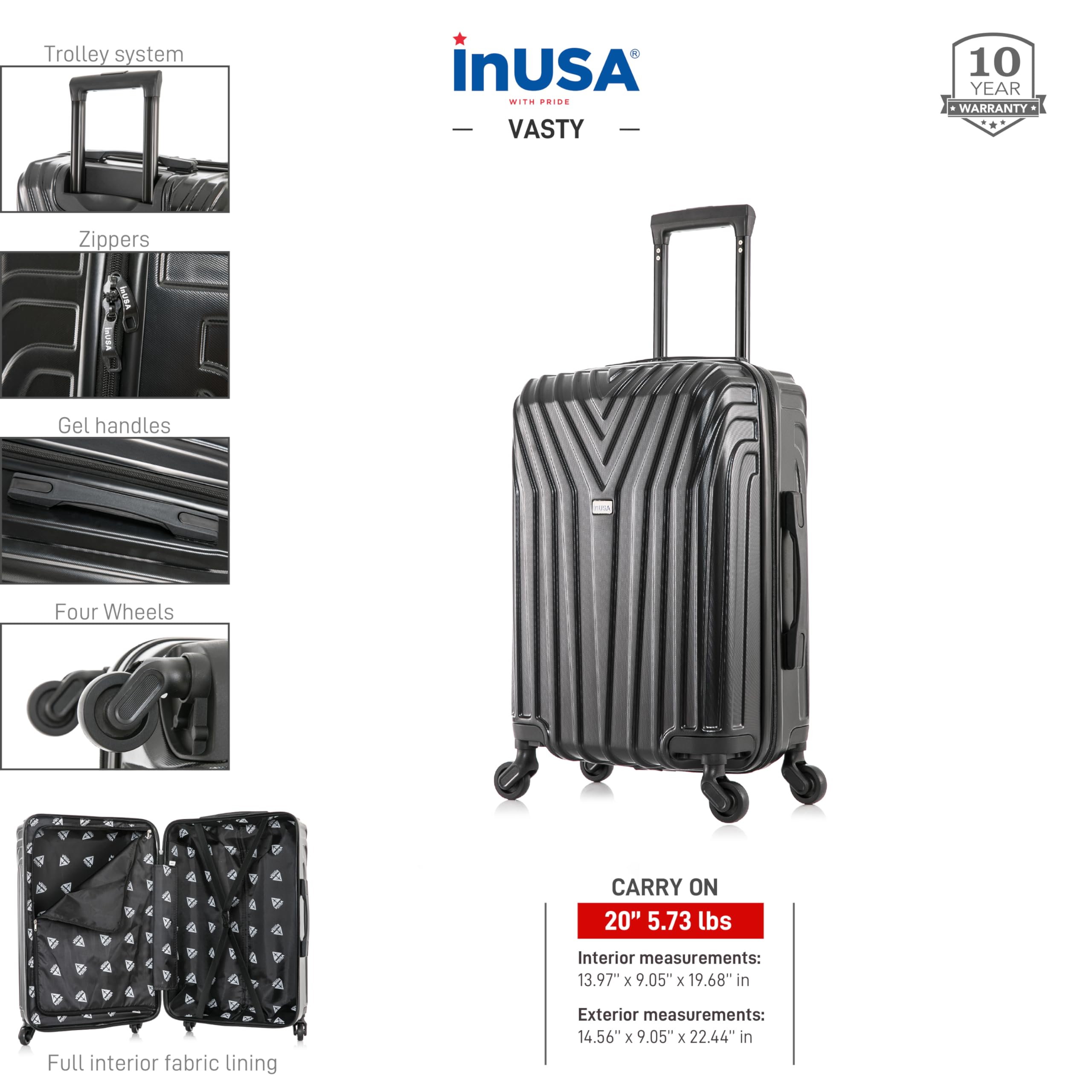 VASTY 20-Inch Lightweight Hardshell Spinner Luggage - Durable Carry-On Suitcase with 360° Wheels & Telescopic Handle - Perfect for Air Travel, Business Trips & Weekend Getaways (Black)