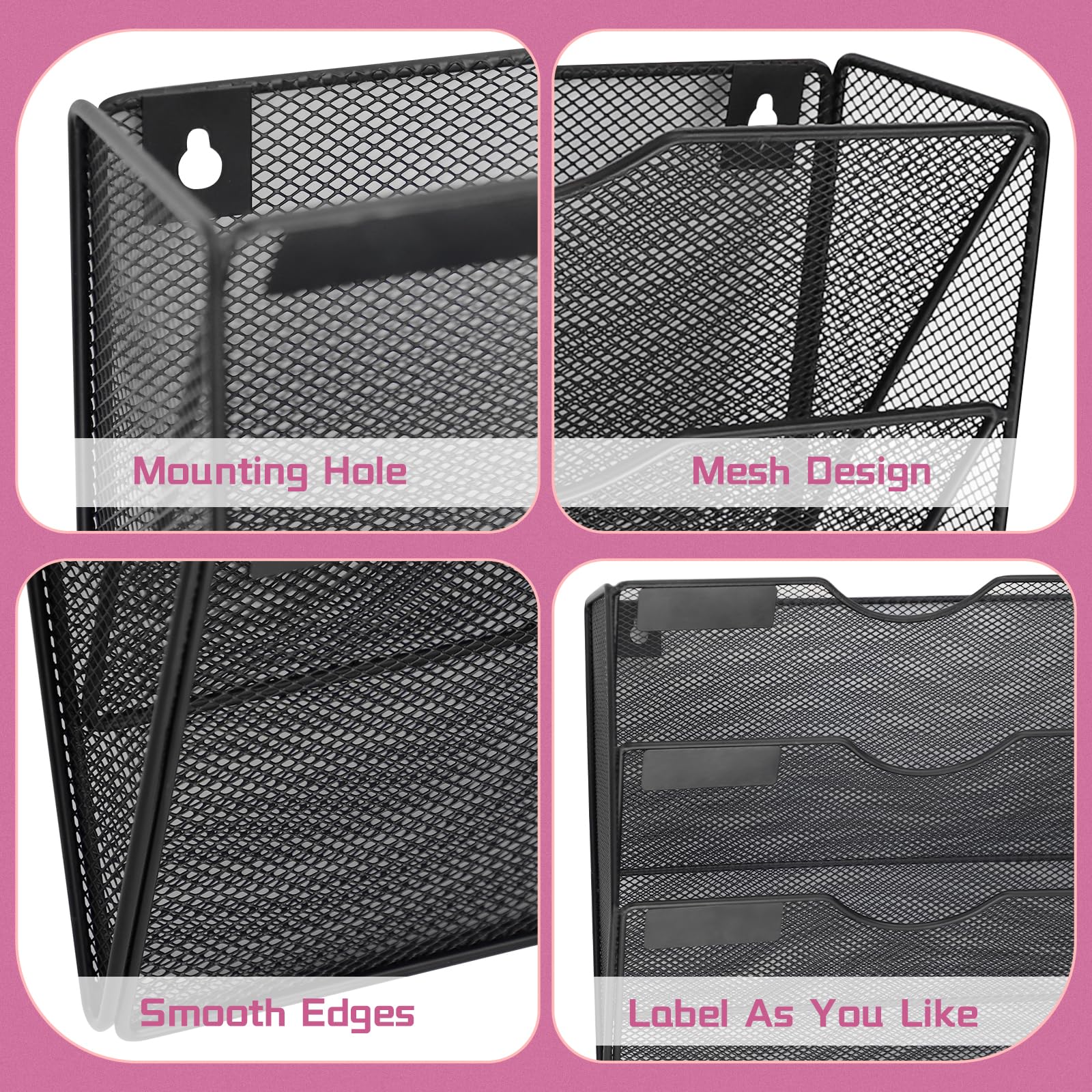 8-Pocket Mesh Wall File Organizer - Hanging File Folder & Magazine Rack with Nametag Hooks - Office & Home Storage Solution (Black) | Perfect for Wall-Mounted Document Organization in Offices, Classrooms & Home Offices