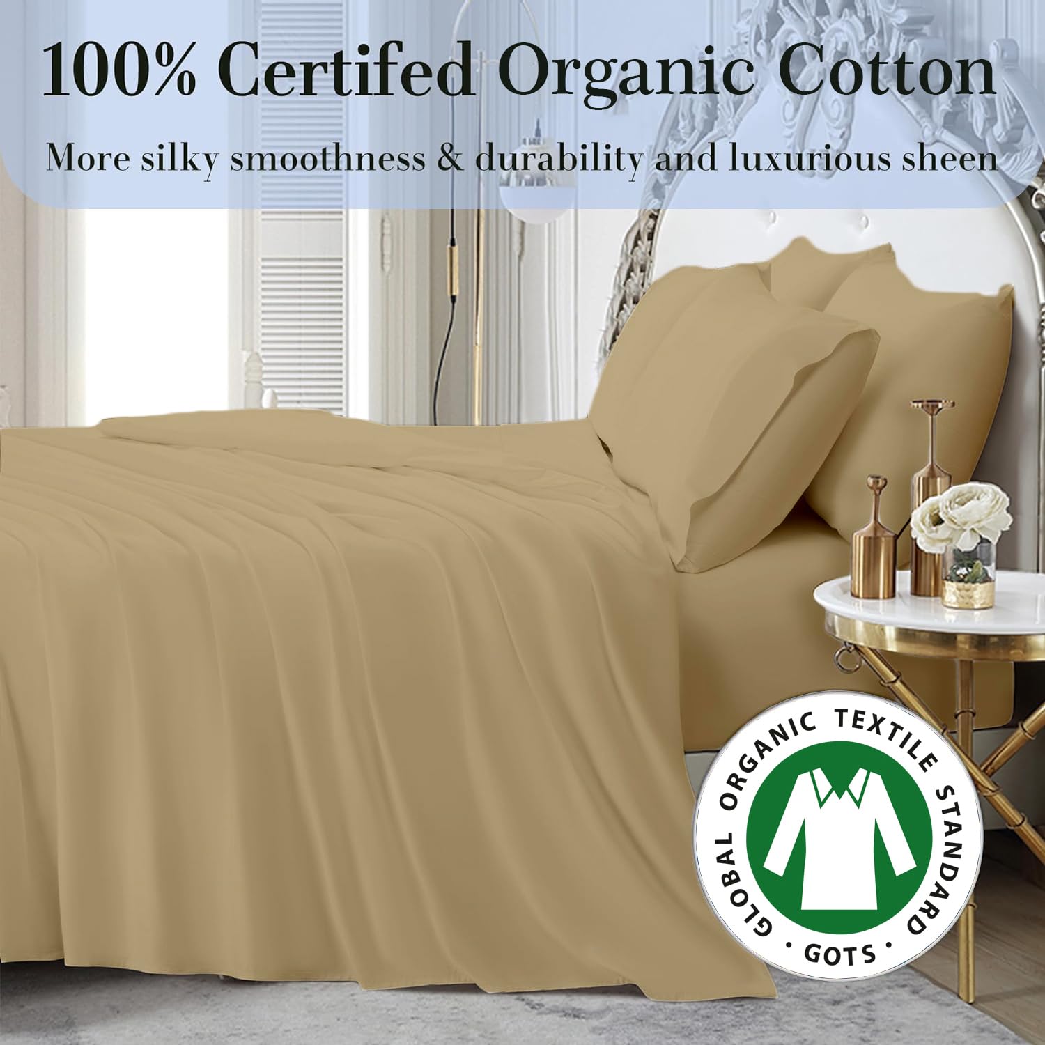4-Piece Emperor Size Sheet Set - 100% Organic Cotton, 800 Thread Count, Soft & Breathable Luxury Bed Sheets with 8-12