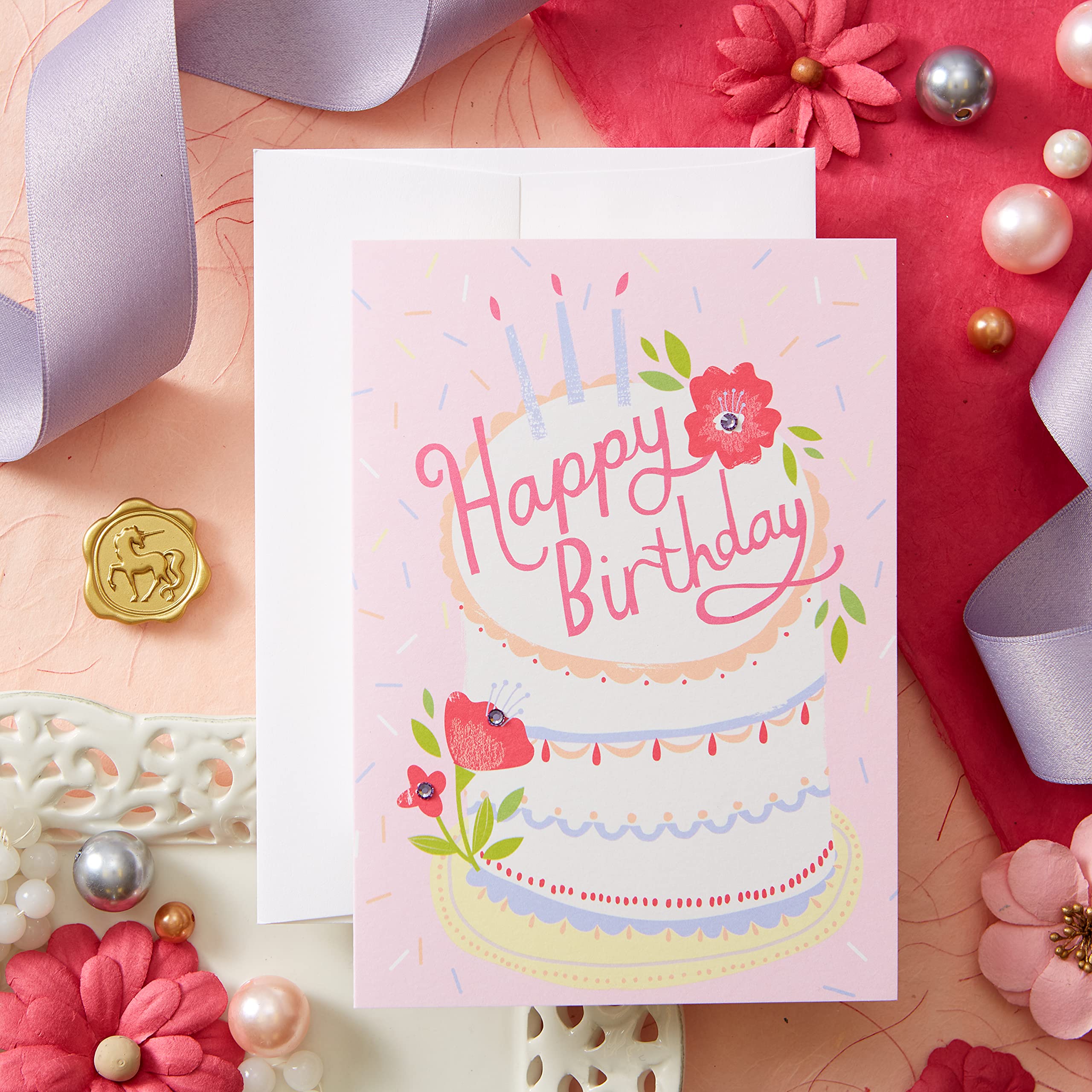 Beautiful Birthday Cake with Flowers and Gems Greeting Card - Perfect for Birthday Wishes, Anniversaries & Special Occasions
