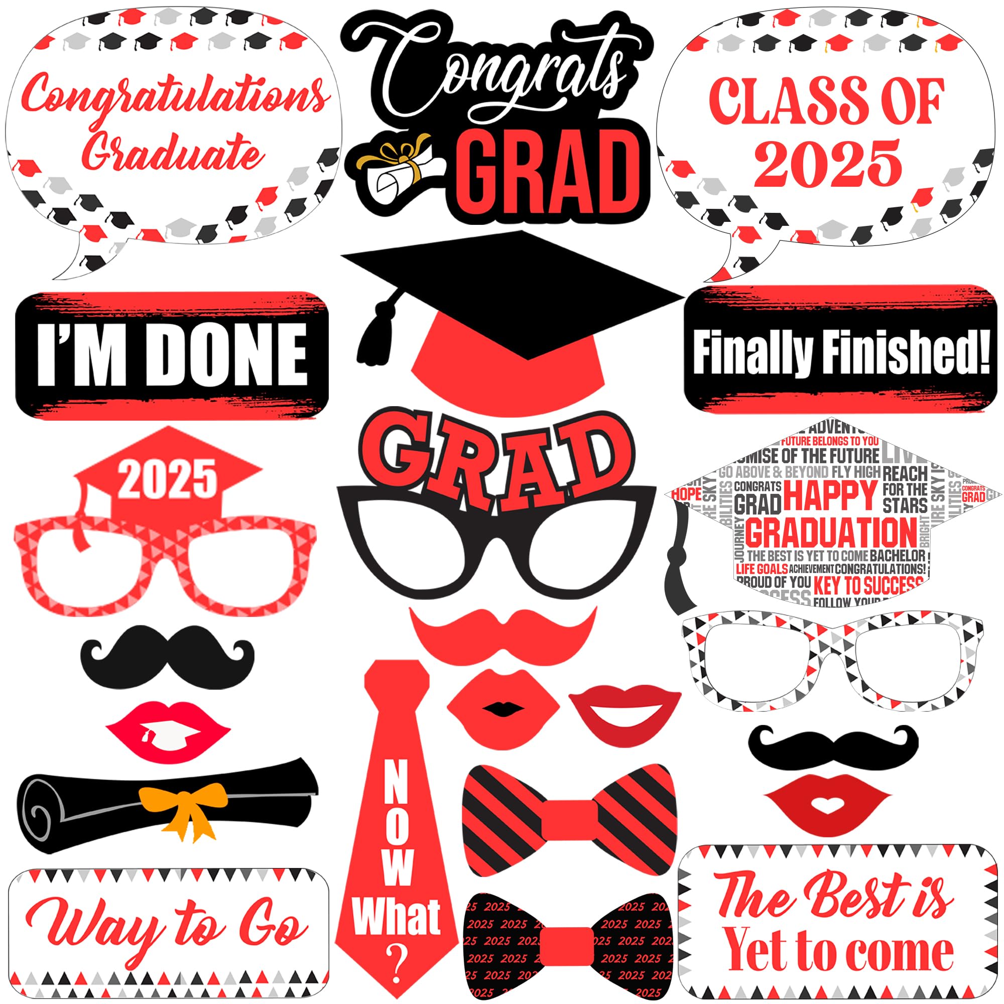 KatchOn Red Graduation Photo Booth Props 2025 - 23-Piece Set | Red & Black Graduation Decor for Class of 2025 | Perfect for Graduation Parties, Photo Booths & School Events