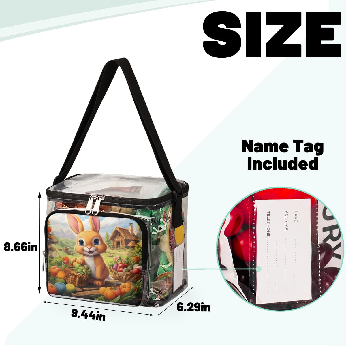 Cartoon Animal Rabbit Clear Tote Bag with Handles - Farmhouse Style Transparent Crossbody Shoulder Bag for Lunch, Outdoor, Travel, Picnic, Concerts & Sports Events - Stadium Approved Multipurpose Carryall (Perfect for Beach Days, Music Festivals & School Essentials)