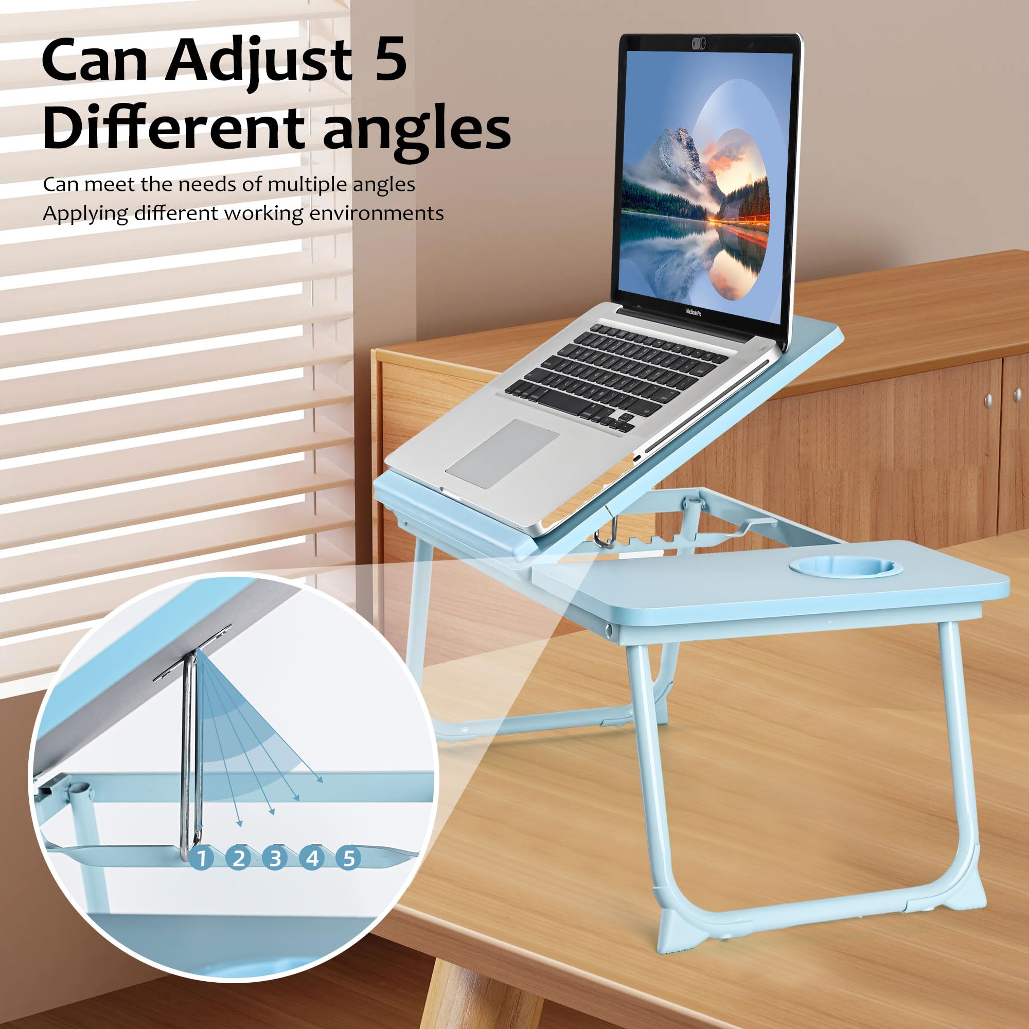 Adjustable Foldable Laptop Desk Tray - Portable Bed Table with Cup Holder for Notebook, Reading & Working on Bed, Couch, Sofa | Perfect for Home Office, Study, Picnic & Dining (Blue)
