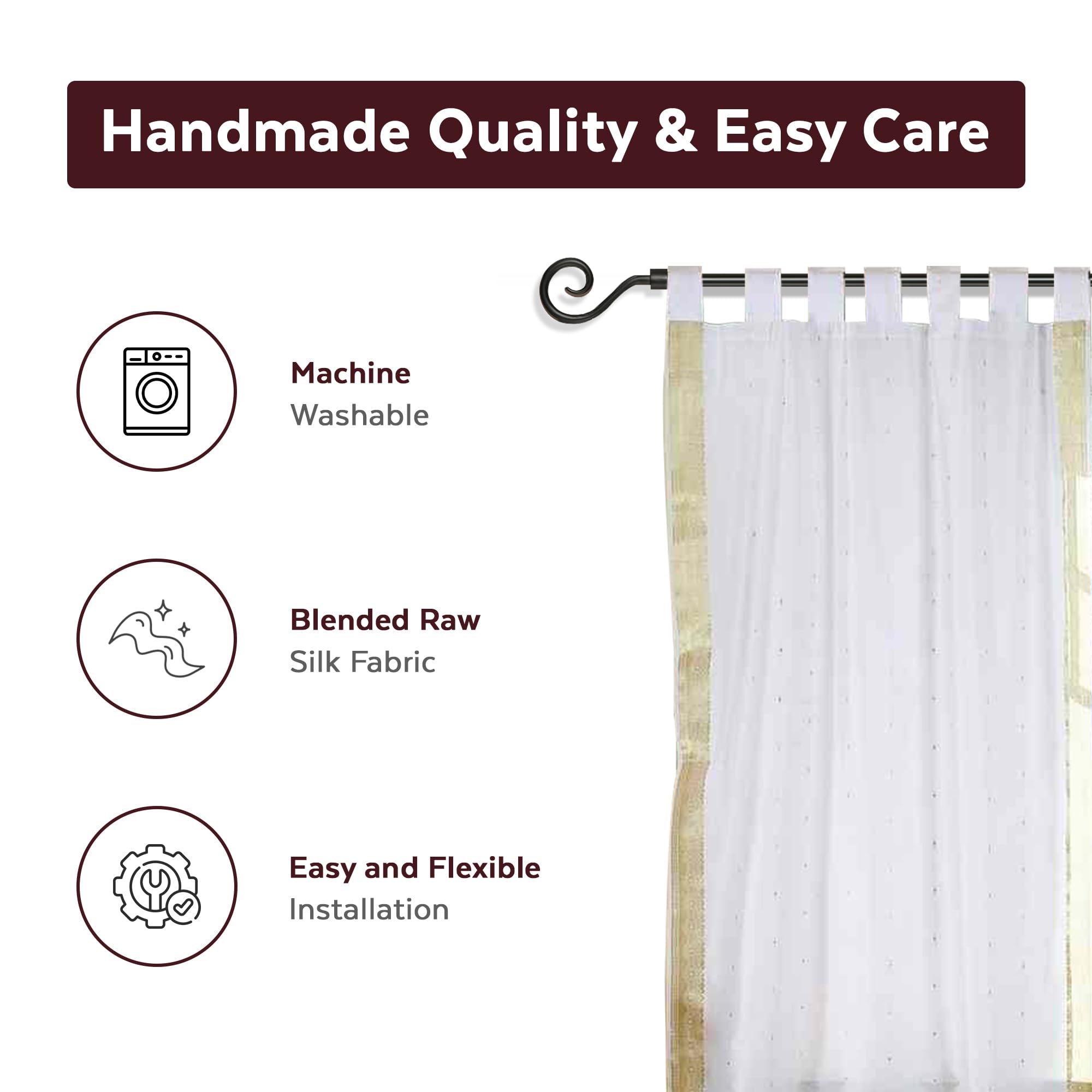 Indian Selections Gold Trim White Sheer Sari Curtain Panel 60 Inch Wide x 63 Inch Long - Elegant Window Drape for Living Room, Bedroom & Boho Home Decor