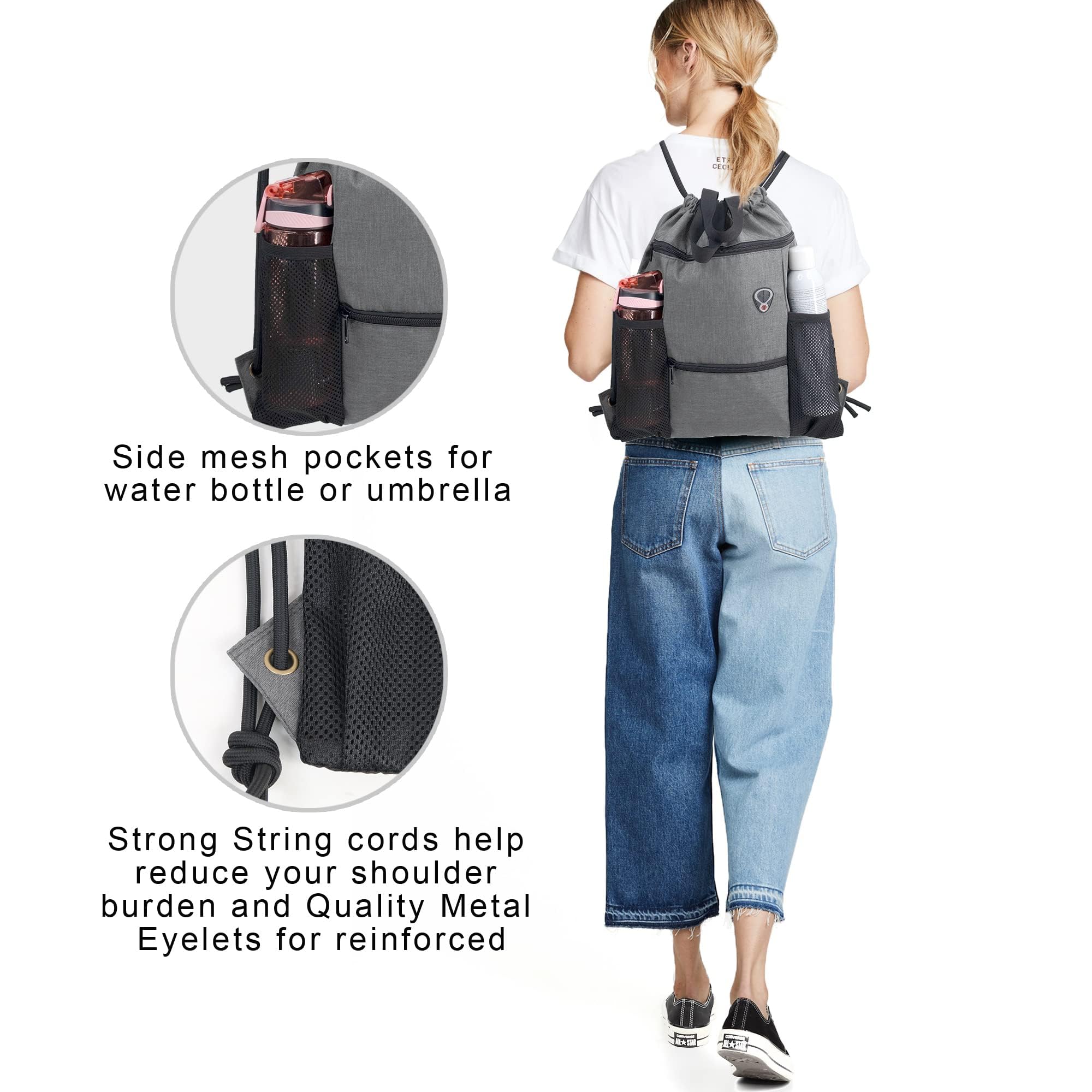 BeeGreen Drawstring Backpack for Gym & Sports - Lightweight Waterproof Backpack with Shoe Compartment & 2 Water Bottle Pockets - Perfect for Workout, Travel, School and Outdoor Activities