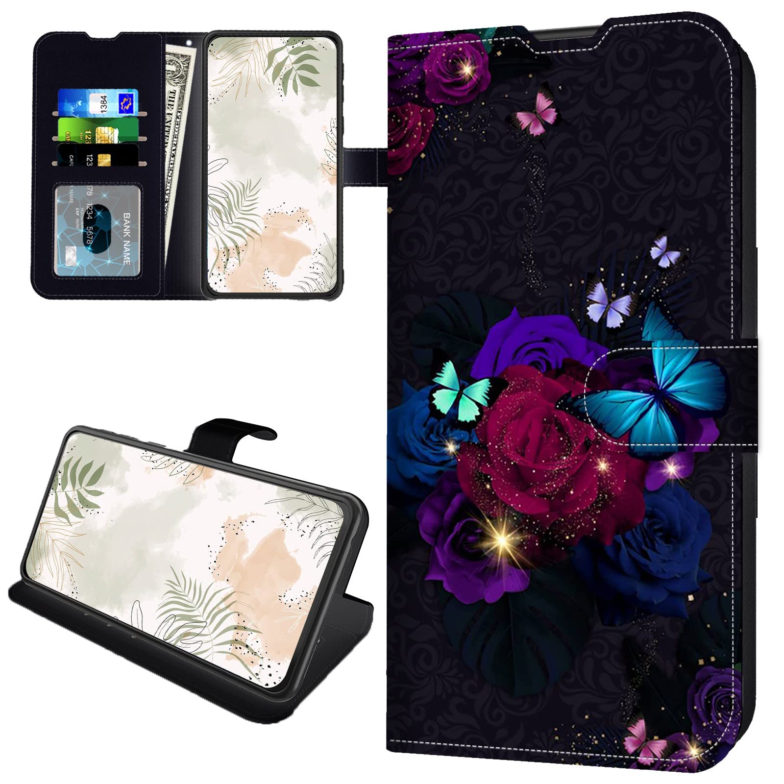 Premium Leather Wallet Case for AT&T Radiant Max 5G/AT&T Fusion 5G/Cricket Dream 5G/Innovate 5G - RFID Blocking Card Slots & Kickstand | Butterfly Rose Design | Perfect for Work, Travel & Daily Protection