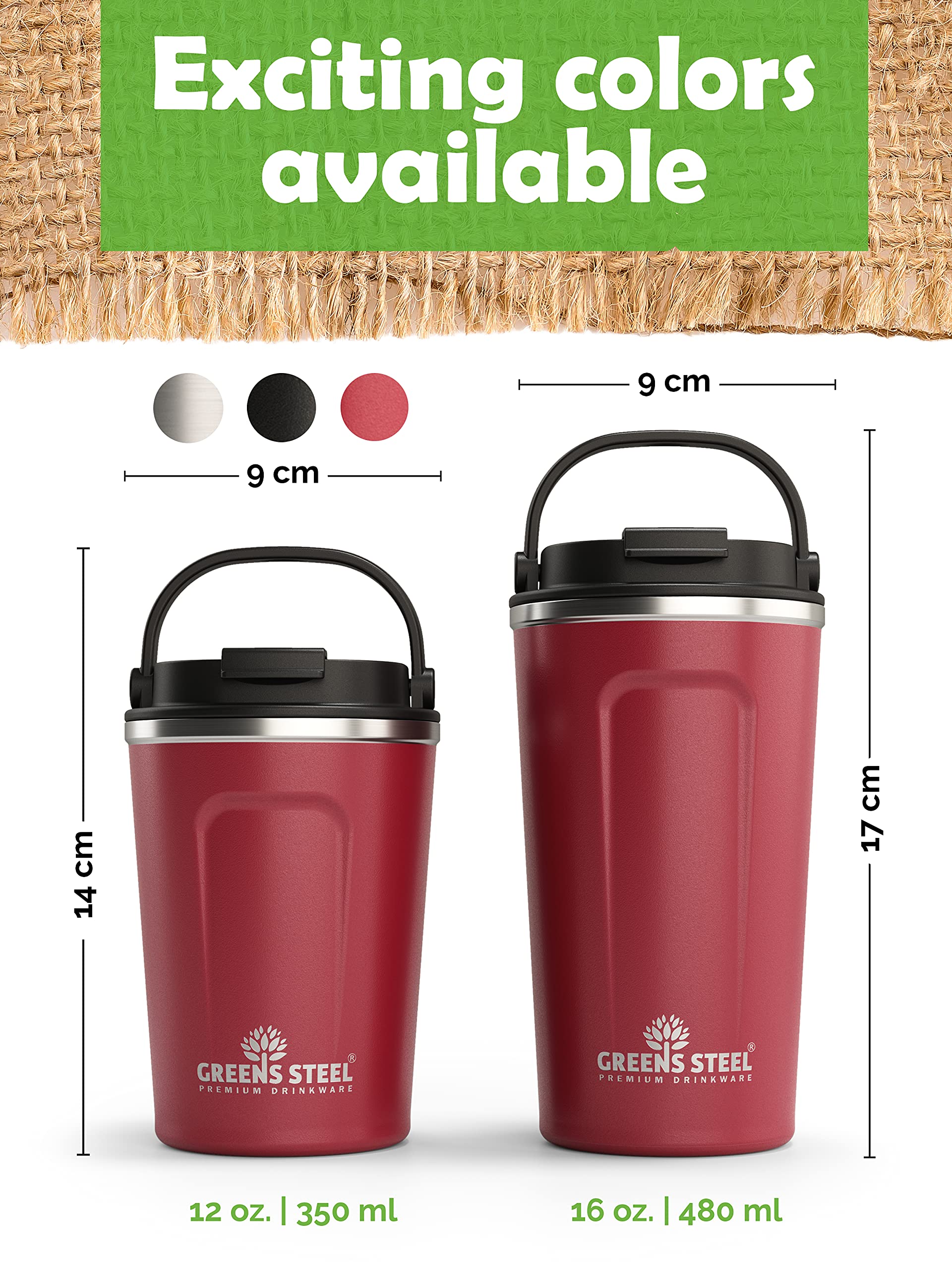 Premium 12 oz Stainless Steel Insulated Coffee Mug - Leak-Proof Travel Tumbler for Hot & Cold Drinks - Red Vacuum Flask with Lid & Handle - Perfect for Office, Commuting & Outdoor Adventures