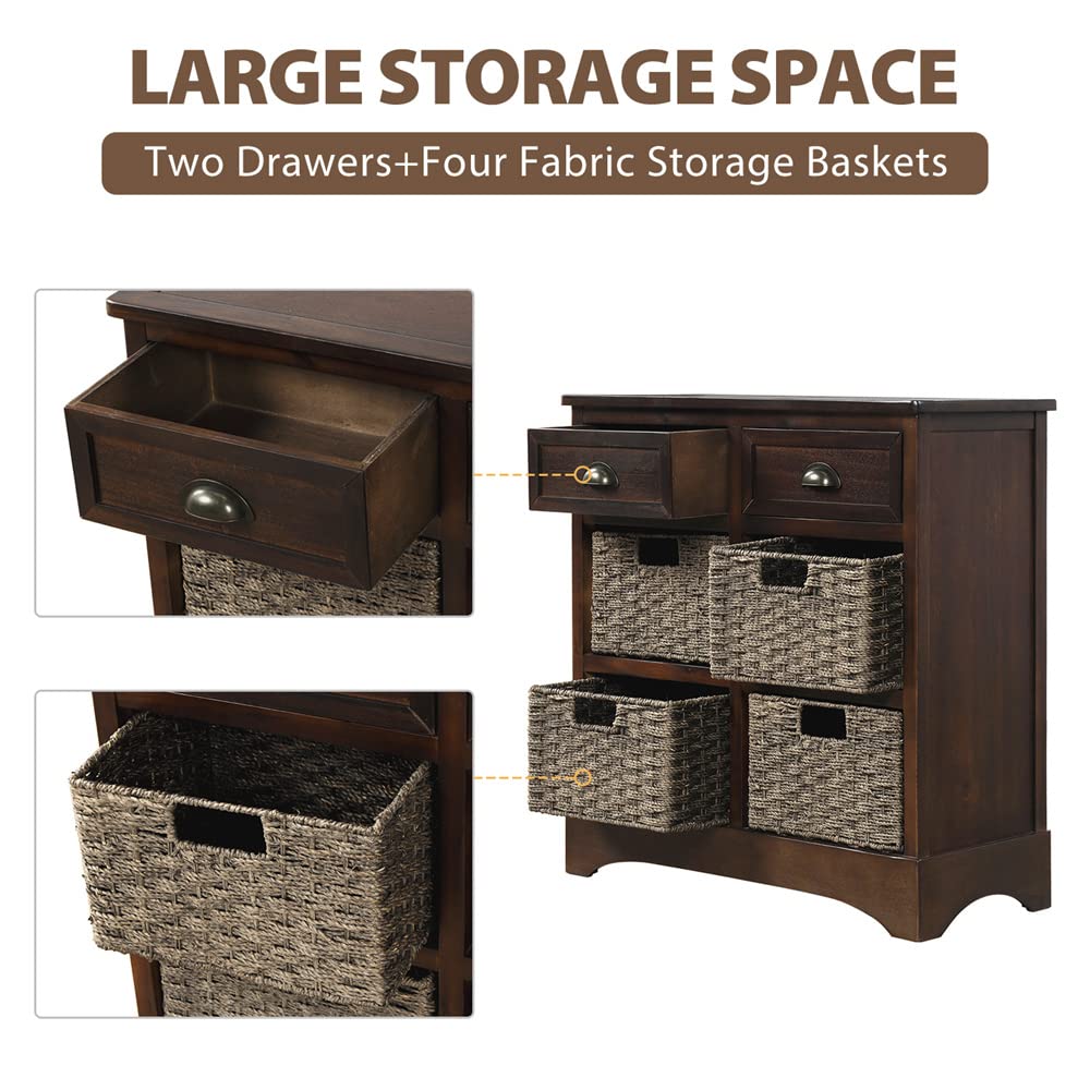 Rustic Wood Storage Cabinet with 2 Drawers & 4 Rattan Baskets - Farmhouse Entryway Console Table, Sofa Side Table for Living Room, Dining Room Accent Sideboard - Espresso Finish - Perfect for Home Organization & Farmhouse Decor