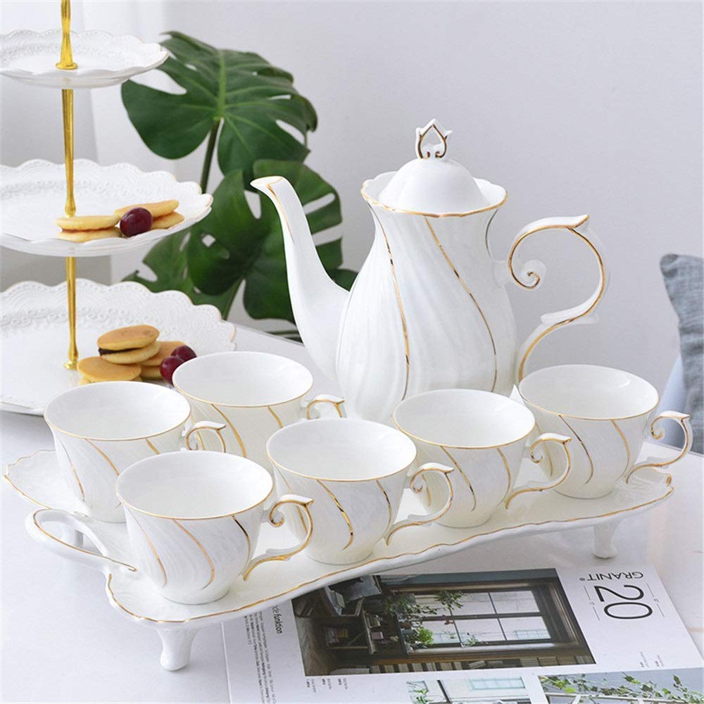Premium 8-Piece Gold Trim Glazed Porcelain Tea and Coffee Set with 6 Cups & Serving Tray - Elegant Afternoon Tea Drinkware for Home, Office, and Gifts