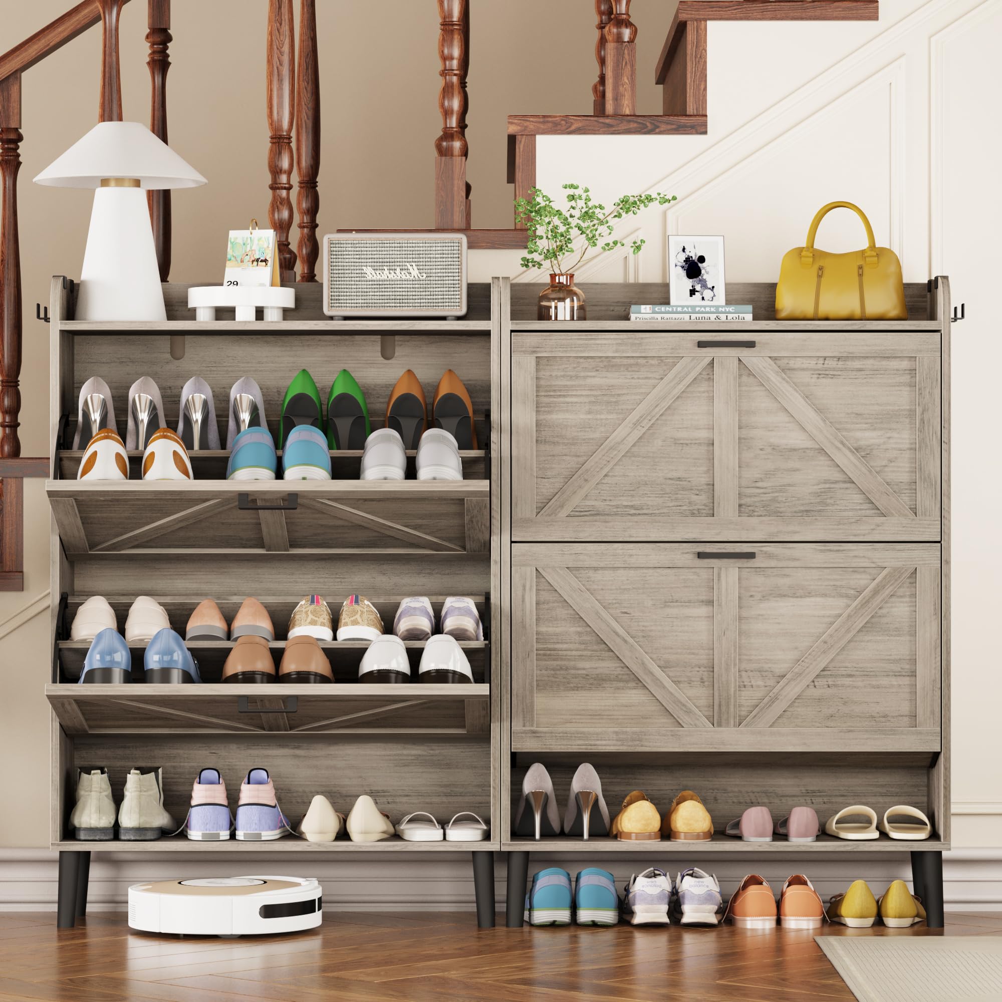 HOMEFORT Slim Shoe Storage Cabinet with 2 Flip Drawers - Narrow Wooden Entryway Shoe Organizer with Farmhouse Style Legs - Washed Gray Hidden Shoe Cabinet for Front Door Entrance - Perfect for Small Spaces & Apartment Living
