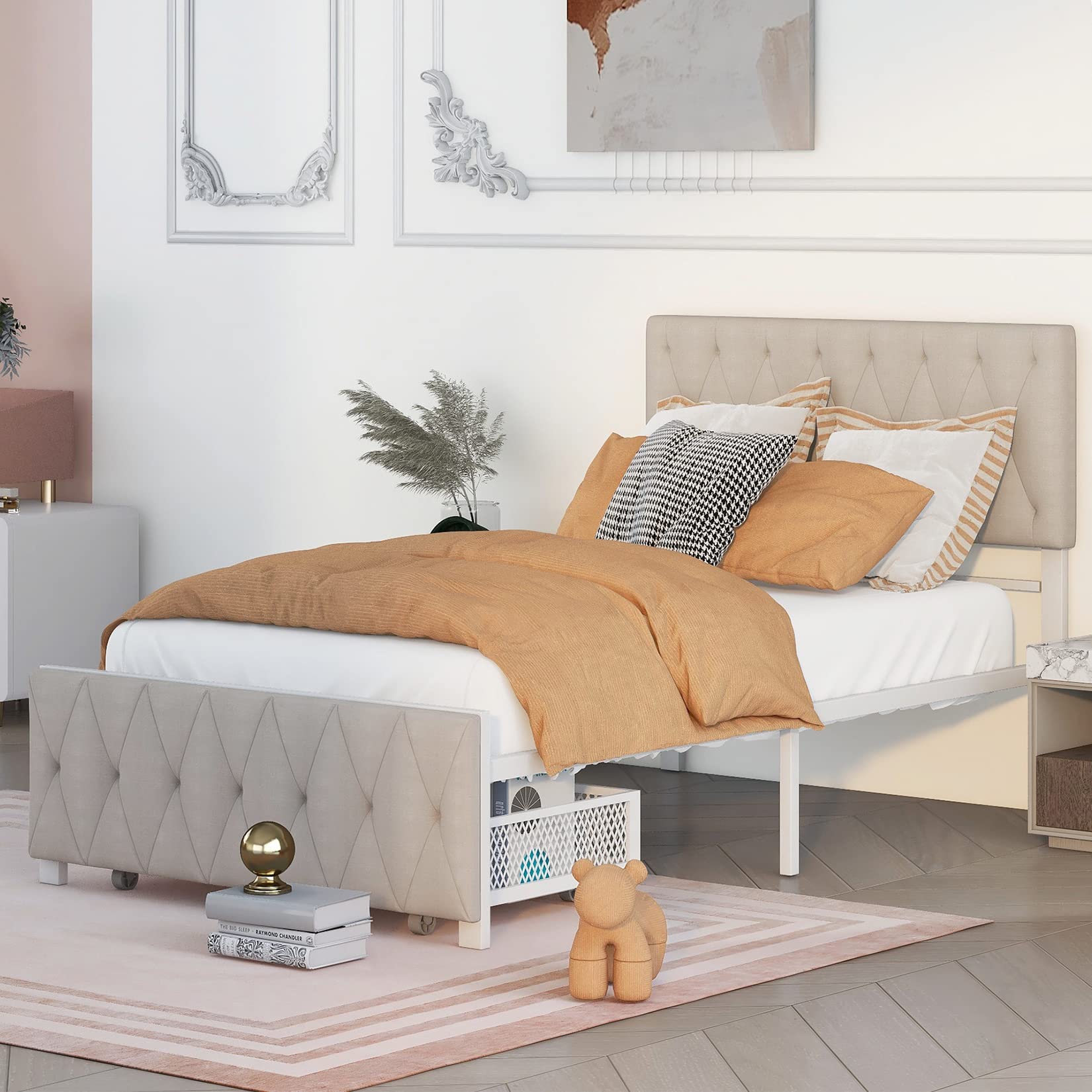 **Twin Size Upholstered Platform Bed with Headboard & Storage Drawers - Sturdy Metal Frame for Kids, Teens, Boys & Girls - Beige - Perfect for Small Bedrooms, Dorms & Guest Rooms**