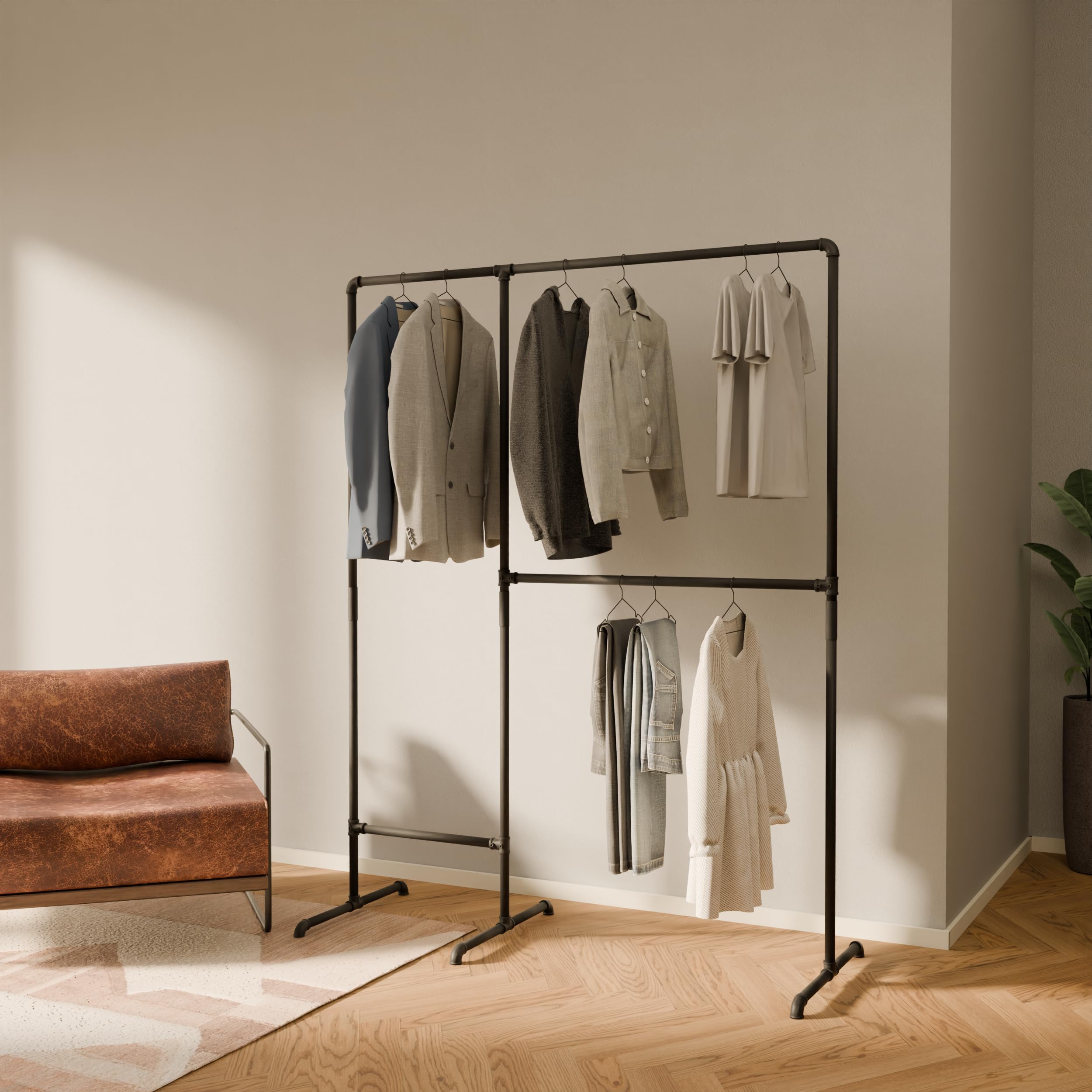 Industrial Freestanding Clothes Rail - Black Sturdy Metal Wardrobe Rack for Walk-In Closet, Bedroom & Loft Style Storage | Perfect for Organizing Clothes, Shoes & Accessories in Modern Home Spaces