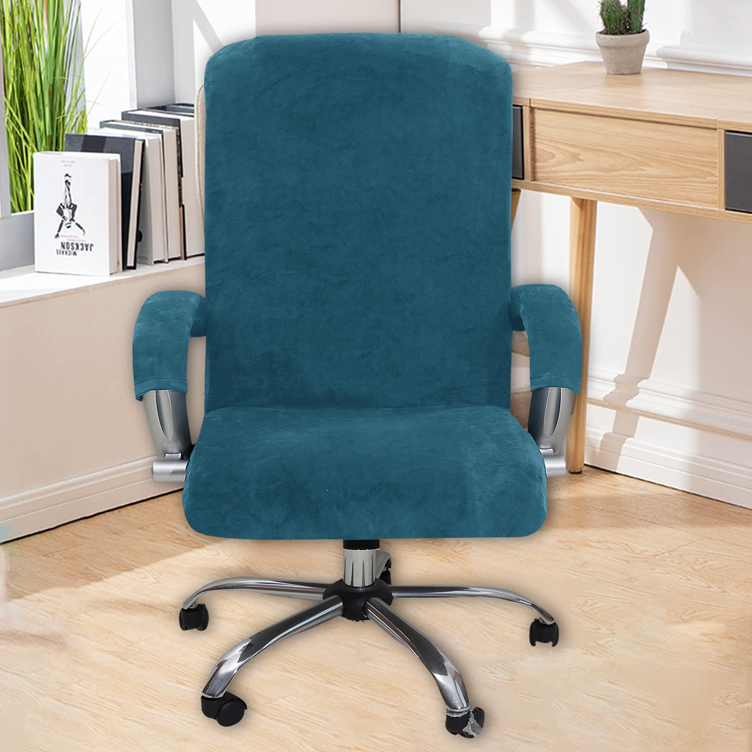 NILUOH Stretch Velvet Office Chair Cover with Armrest Covers - Universal Fit for Computer Desk, Boss Swivel & Gaming Chairs (Large, Peacock Blue) - Home Office & Workspace Decor Upgrade