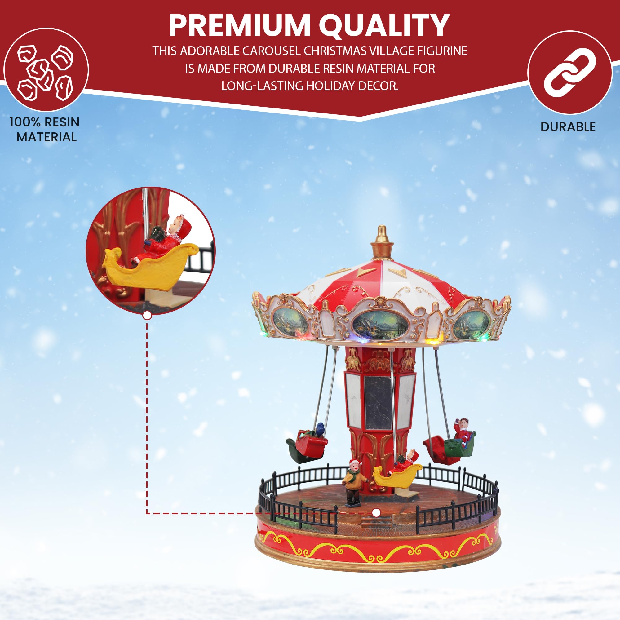 Animated Musical Christmas Carousel with LED Lights - Rotating Holiday Snow Village Display for Home Decor | Perfect for Christmas Tree Toppers, Mantel Decorations & Winter Village Scenes