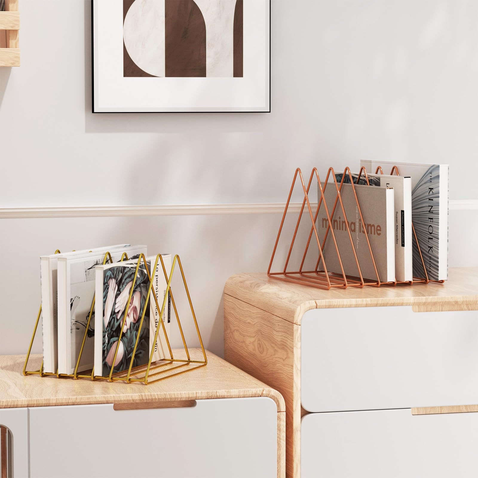 Metal Wire Magazine Holder - 7-Section Desk Organizer for Office, Vinyl Record Storage, Decorative File Folders (Gold, Pack of 2) - Perfect for Home Office, Study Room & Workspace Organization