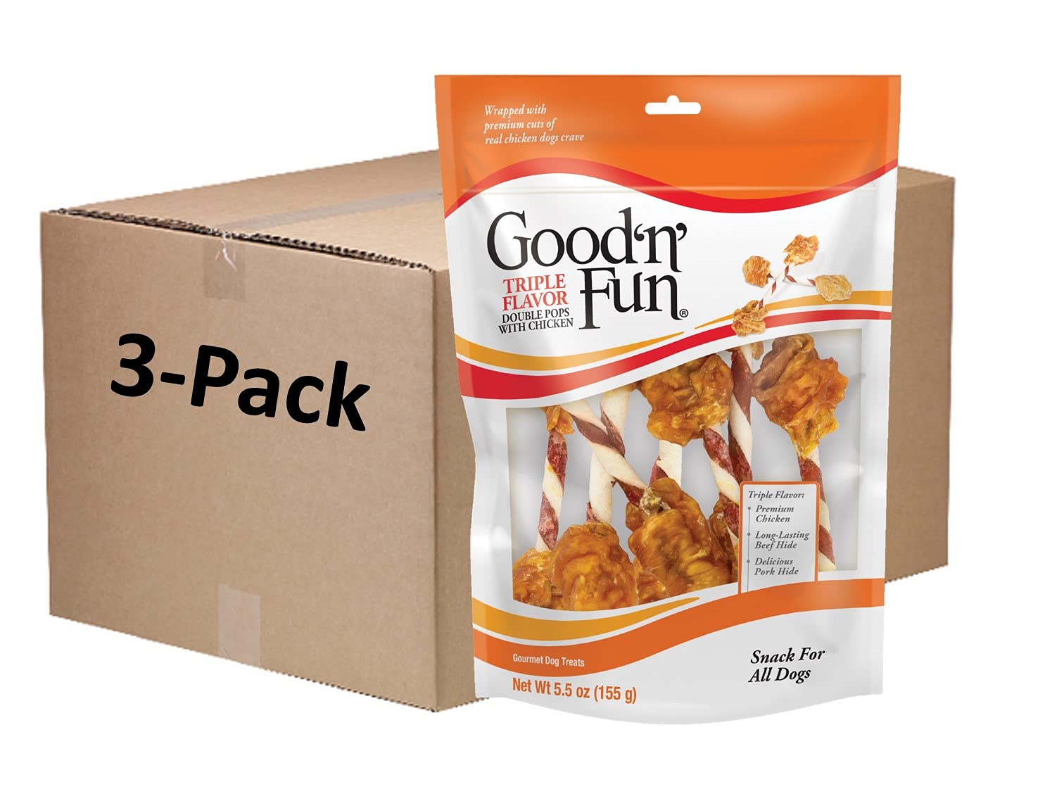 Good 'n' Fun Triple Flavor Double Pops with Chicken 5.5oz - Gourmet Dog Treats for Small & Large Breeds (3 Pack) - Perfect for Training Rewards, Chewing Fun & Dental Health
