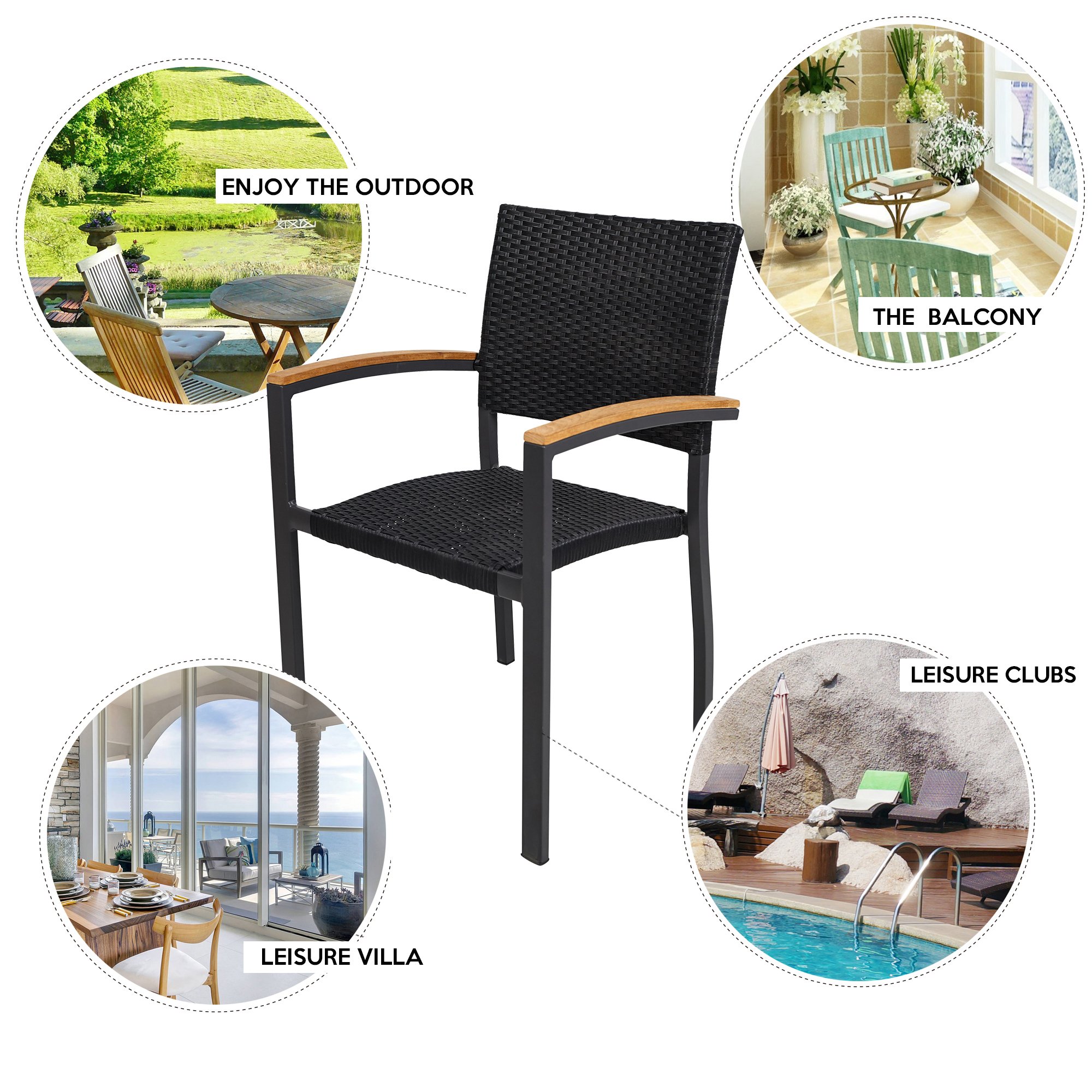 Doprticus 4-Piece Stackable Patio Dining Chairs Set with Armrests - Waterproof Rattan Furniture for Indoor & Outdoor Use - Perfect for Garden, Poolside, and Backyard Entertaining