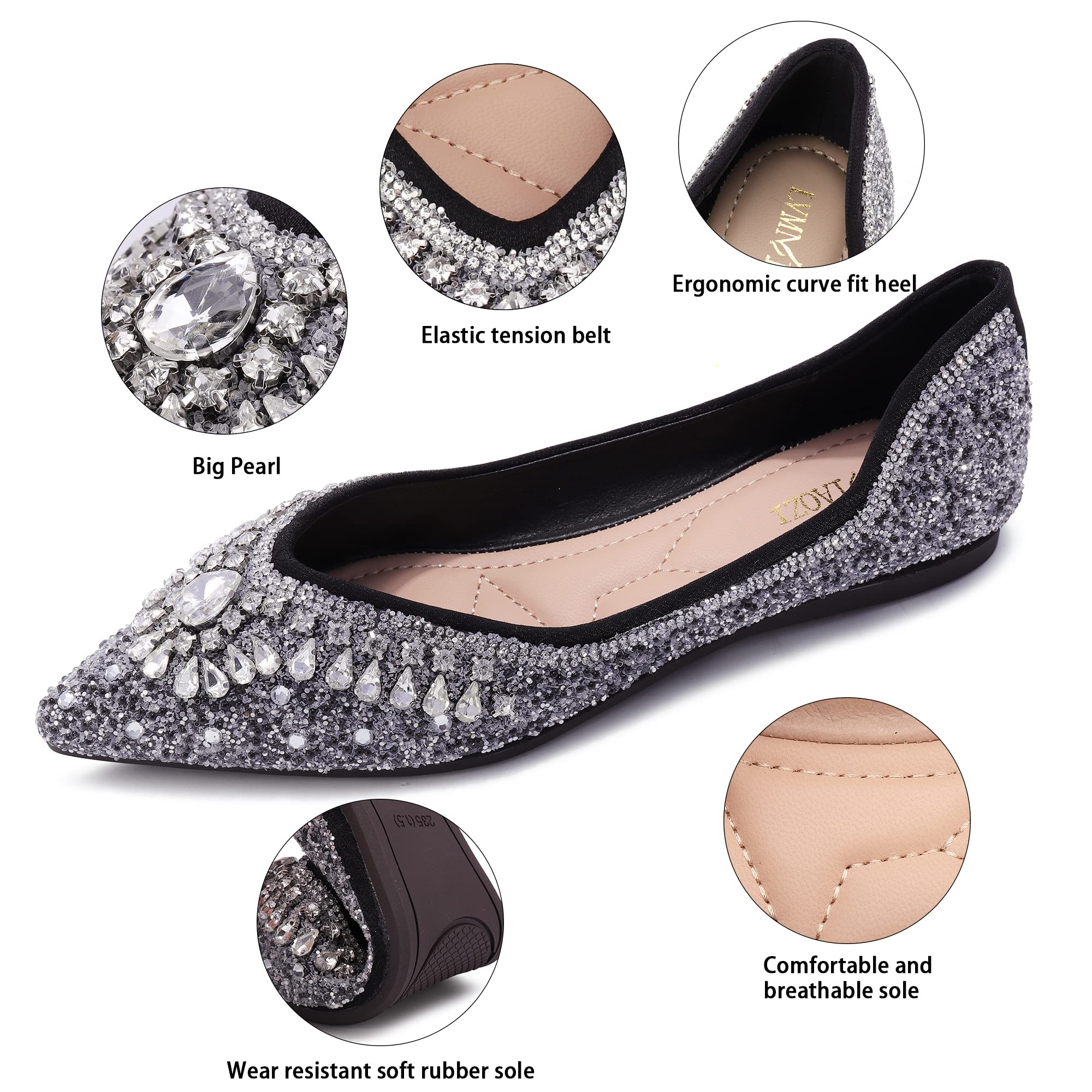 Sparkly Rhinestone Sequin Pointed Toe Flats for Women - Elegant Wedding & Evening Dress Shoes - Comfortable Formal Flats for Parties, Prom, Bridal Events & Special Occasions