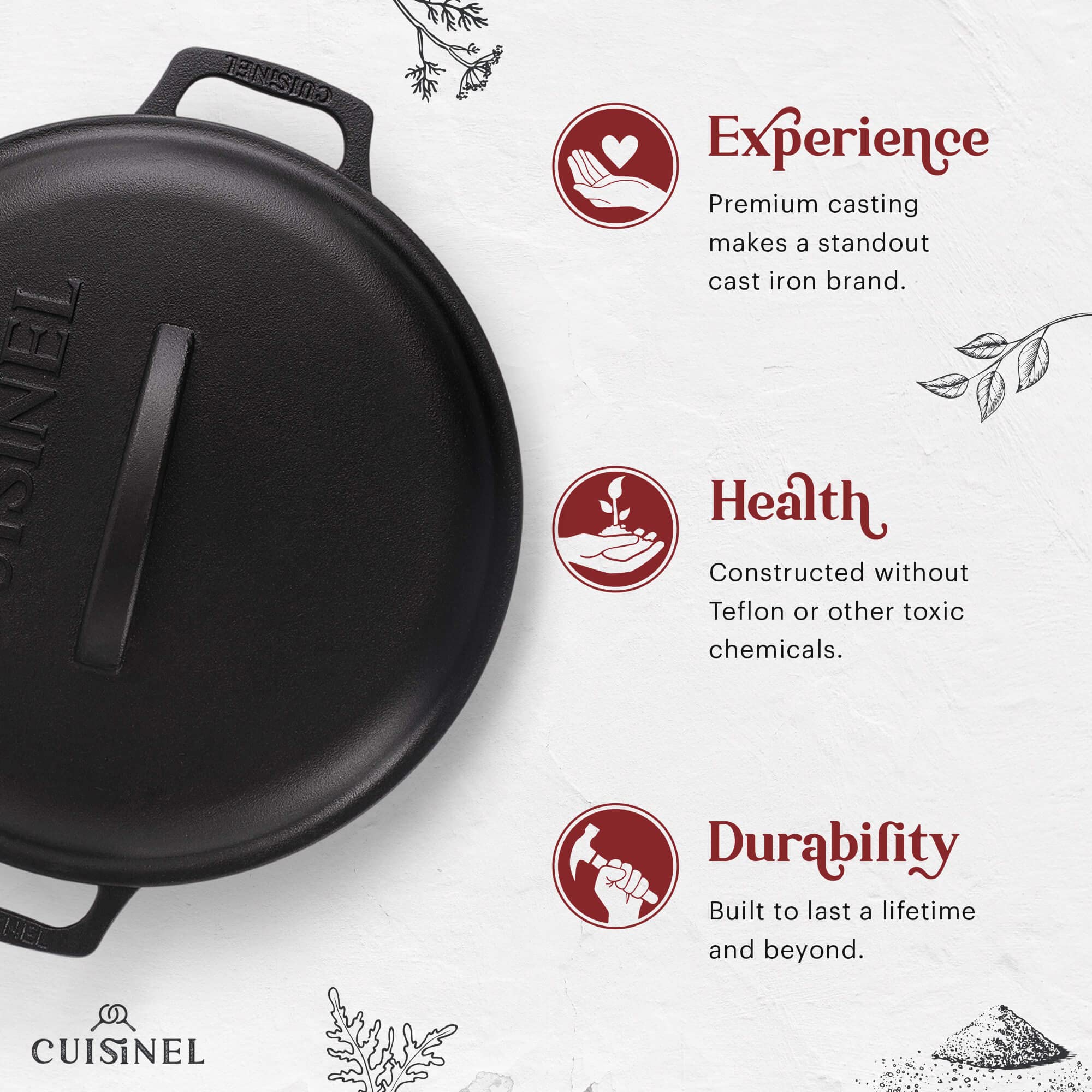 Cuisinel 7-Quart Cast Iron Dutch Oven with Lid - Pre-Seasoned Deep Pot for Baking Bread, Soups, Stews & Frying - Includes Pan Scraper & Handle Covers - Perfect for Indoor Cooking, Outdoor Camping, BBQ & Fire Pit Use - Heavy Duty Kitchen & Camping Cookware