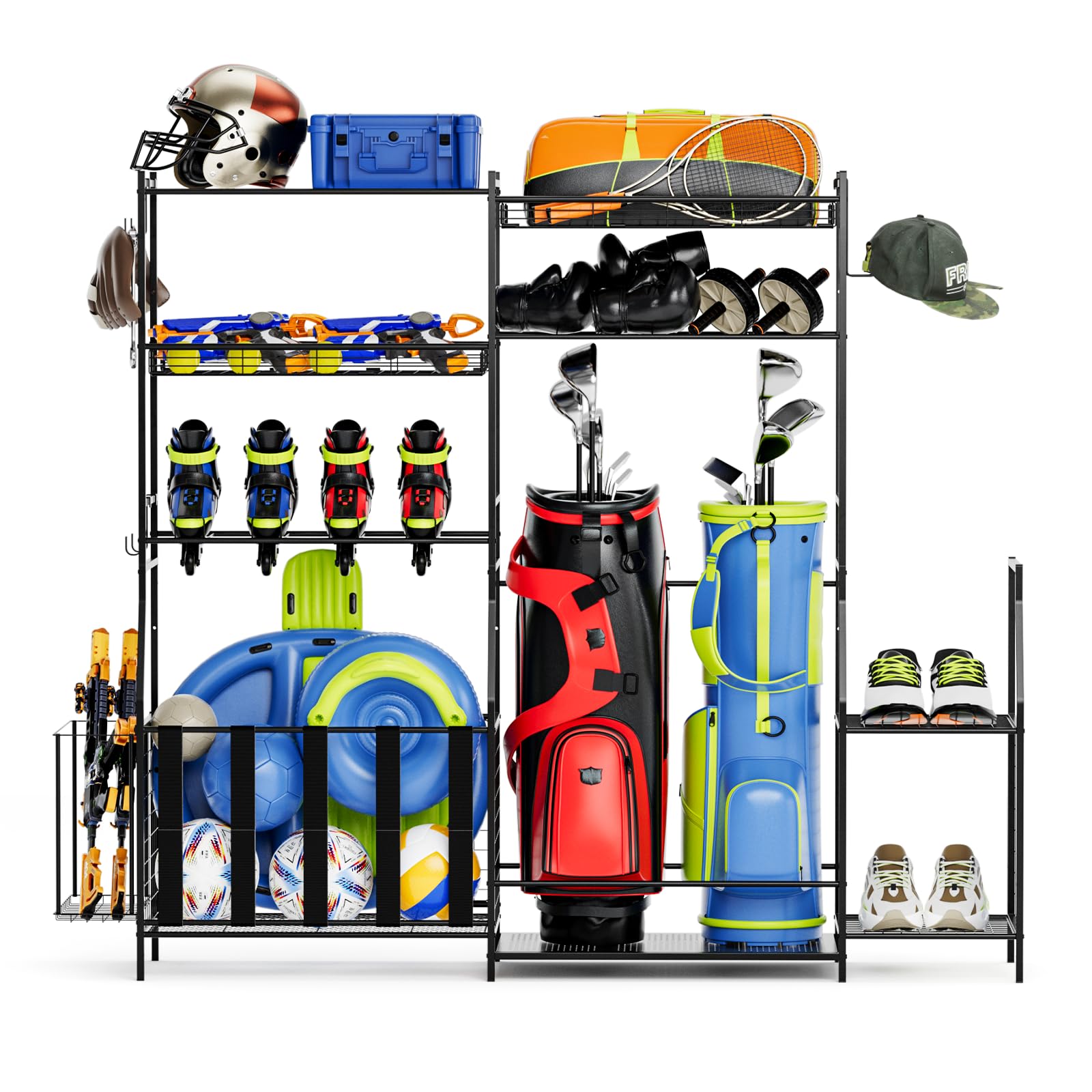 Uboway Garage Organizers & Storage - Heavy Duty Sports Equipment Organizer with Basket & Hooks, Wall Mounted Toy Storage Rack for Basketball, Tennis, Volleyball, Football, Baseball Balls - Perfect for Garage, Basement, Playroom & Backyard Organization (Black)