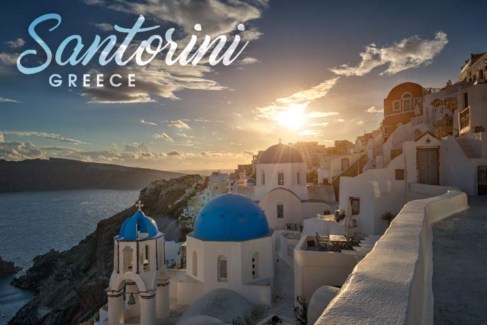 Santorini Greece Sunset Coastal Town Wall Art - 16x24 Wrapped Canvas Print for Living Room, Bedroom & Office Decor - Mediterranean Landscape Painting for Home & Office