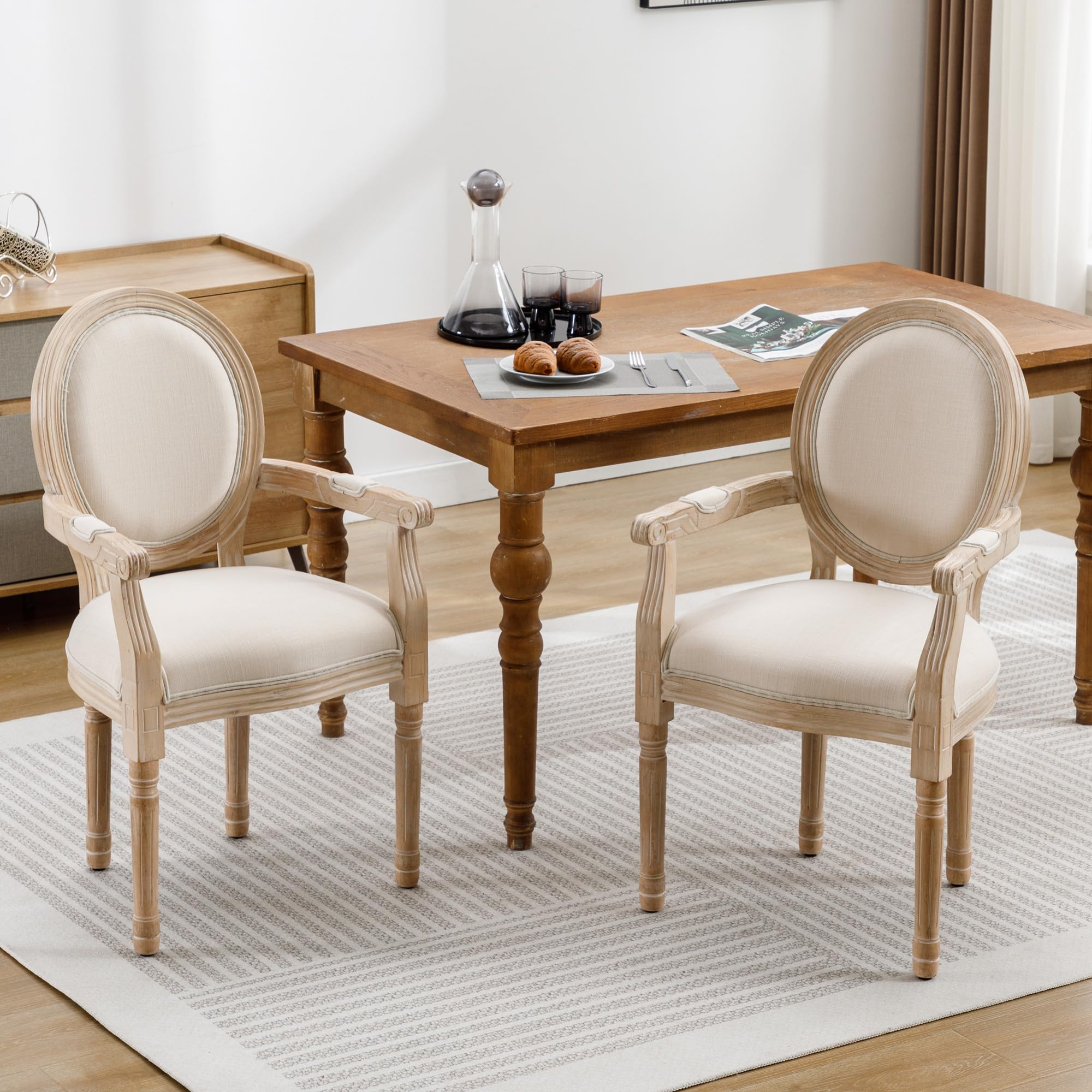 SSLine Set of 2 French Dining Chairs with Armrests - Solid Wood Farmhouse Kitchen Chairs, Retro Round Back Upholstered in Linen - Perfect for Dining Room, Living Room & Bedroom Decor