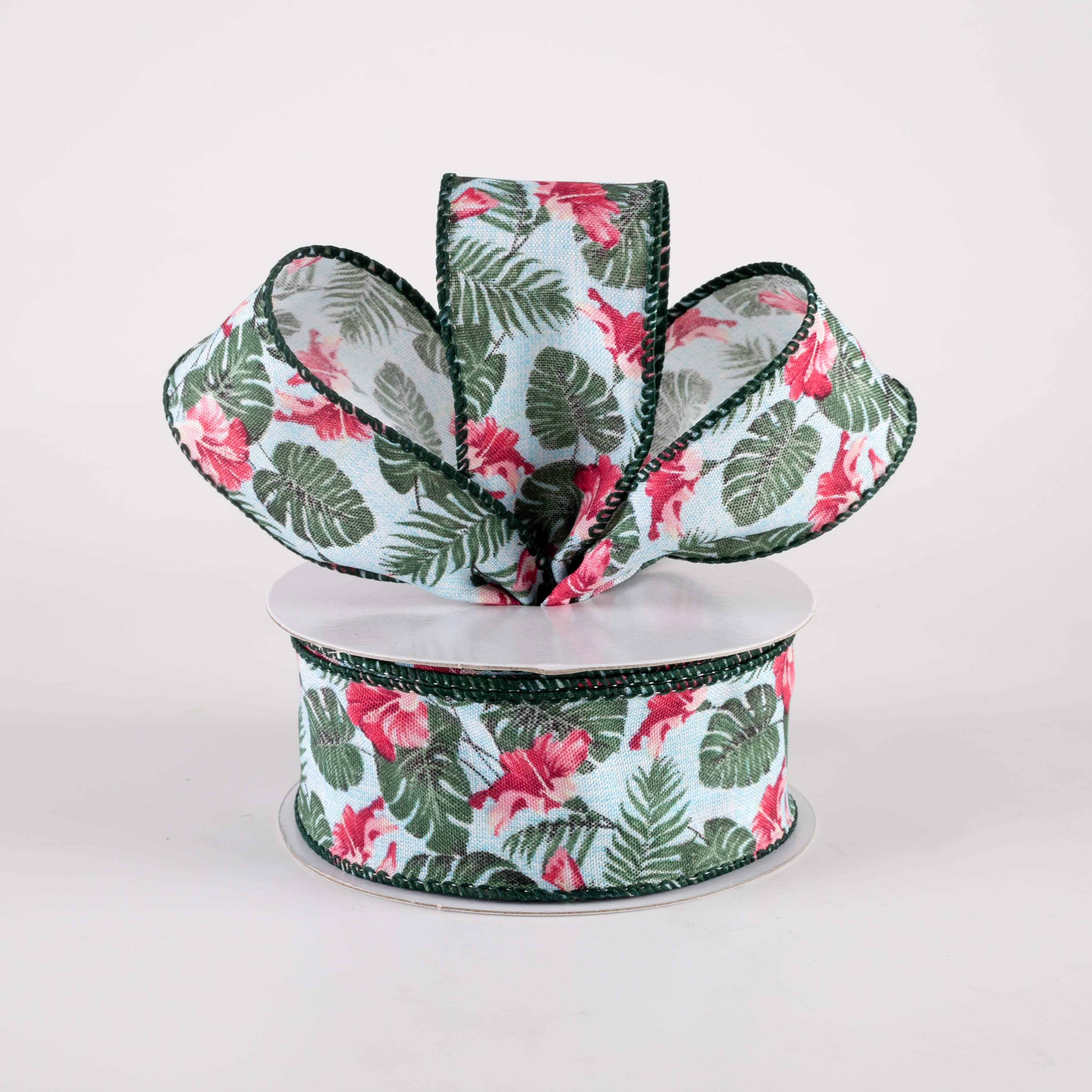 1.5 Inch Hibiscus Monstera Leaves Ribbon - Aqua & Pink Floral Decorative Ribbon (10 Yards) for Gift Wrapping, DIY Crafts, Party Decorations, Scrapbooking & Home Decor