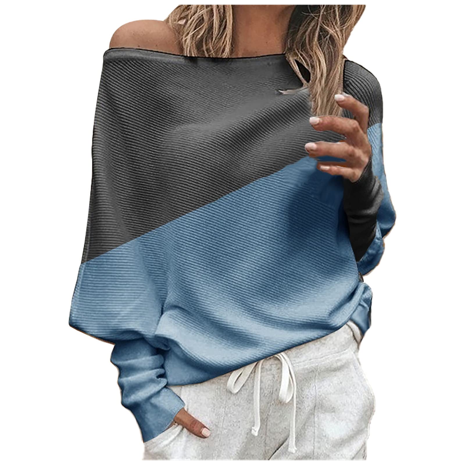 Women's Off-Shoulder Tops - Dressy Casual Oversized Color Block Patchwork T-Shirts for Fall - Loose Fitting Long Sleeve Shirts for Date Night, Office Wear & Weekend Outfits