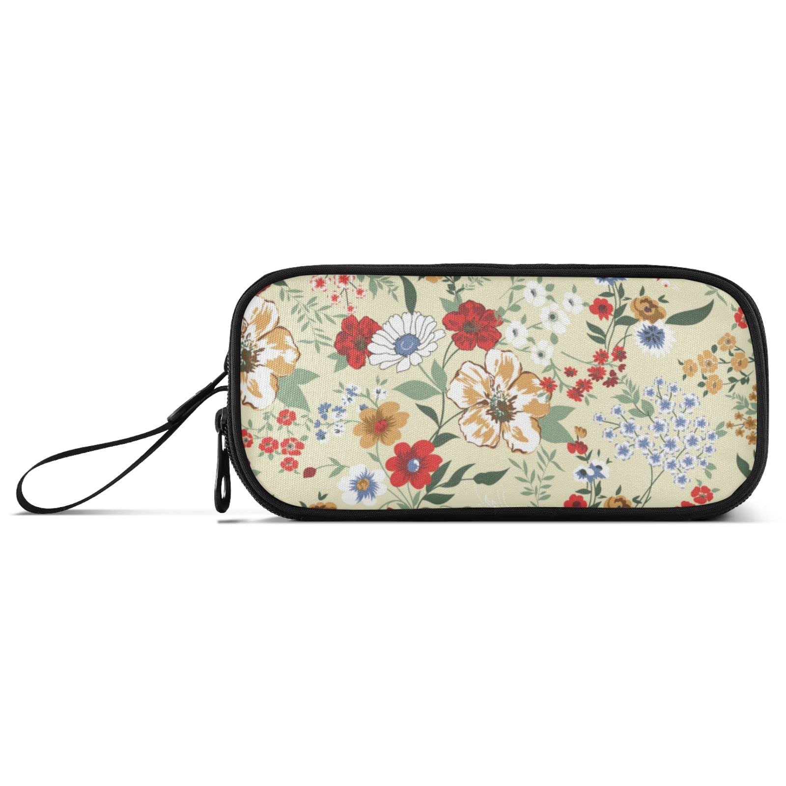 Large 3-Compartment Beige Floral Pencil Case - Spacious Stationery Organizer for School, Office & Art Supplies | Perfect for Students, Professionals & Artists