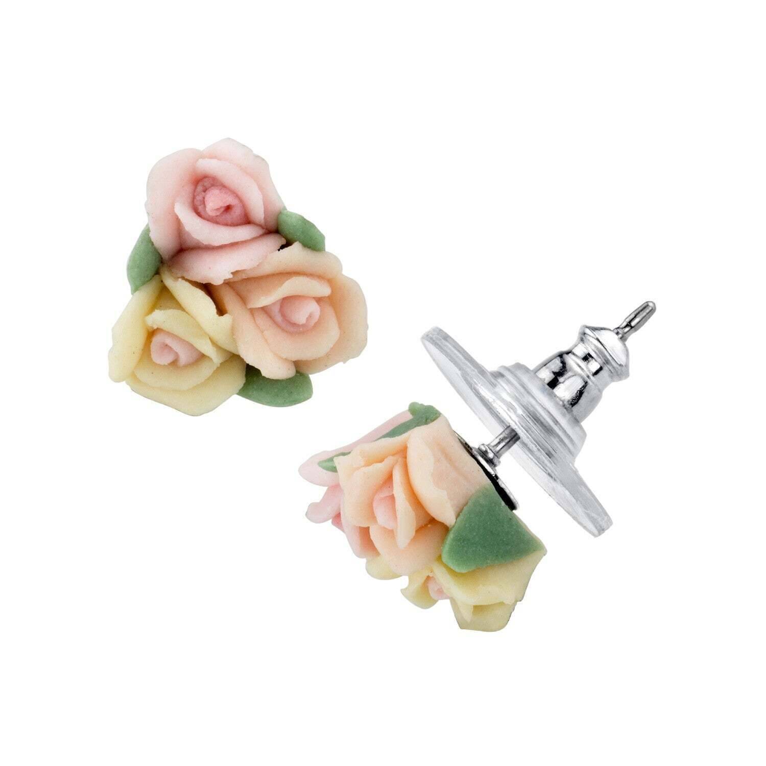 1928 Vintage Bridal Porcelain Rose Floral Bouquet Button Earrings - Perfect for Weddings, Prom, and Special Occasions