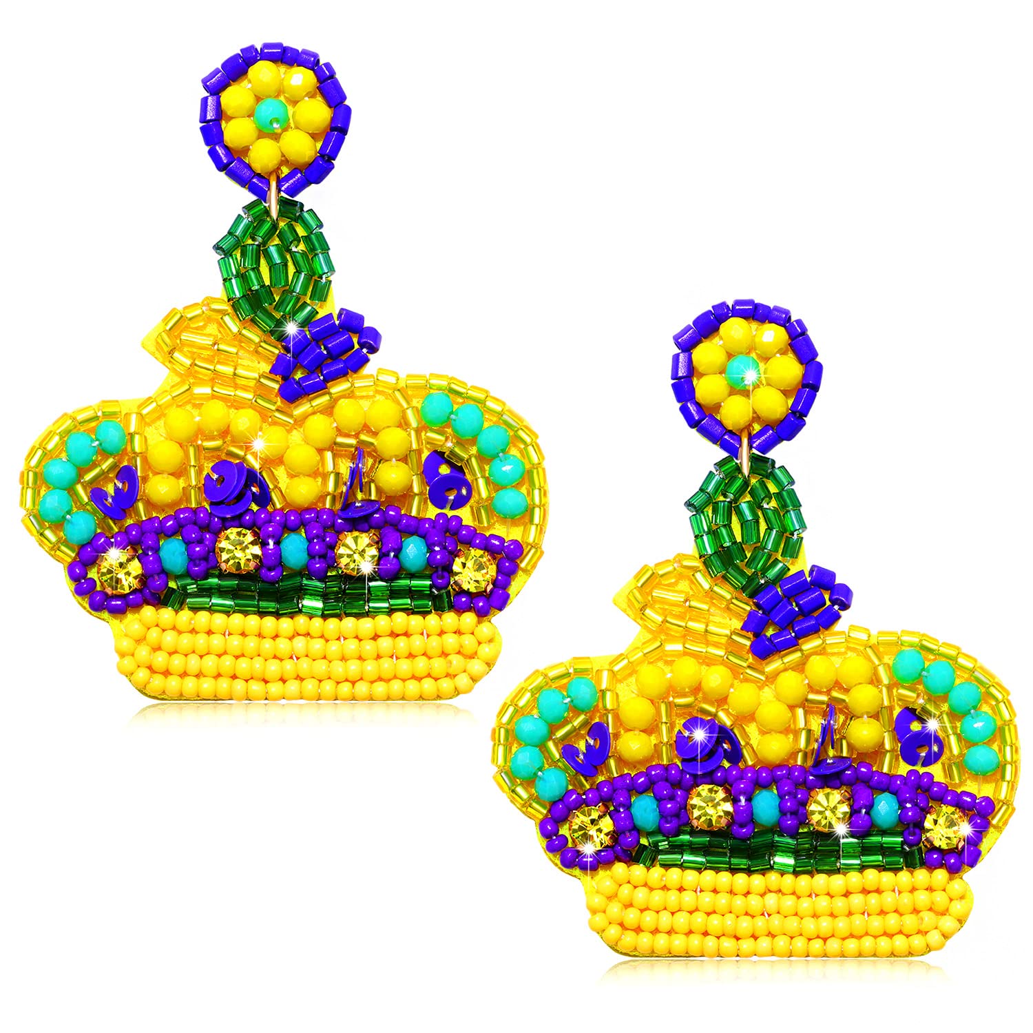 Handmade Beaded Mardi Gras Earrings for Women - Fleur De Lis Drop Dangle Earrings with Crown Design | Costume Party, Parade & Festival Accessories | Perfect Holiday Gifts for Carnival, New Orleans Theme Parties & Festive Celebrations