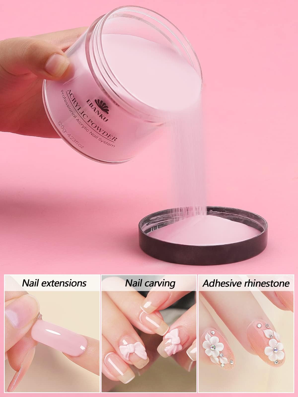 EBANKU Professional Pink Acrylic Nail Powder 120g (4.23oz) - Long Lasting Acrylic Extension Powder for Nail Art, Sculpting & Carving - No UV Lamp Needed - Perfect for Salon, Home Manicures & DIY Nail Designs