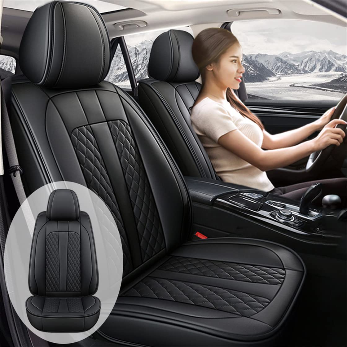 Premium Faux Leather Car Seat Covers for Hyundai Kona 2018-2022 - Full Set Front & Rear Seat Protectors with Cushioning (Black, A003) | Durable Auto Interior Accessories for Comfort & Style