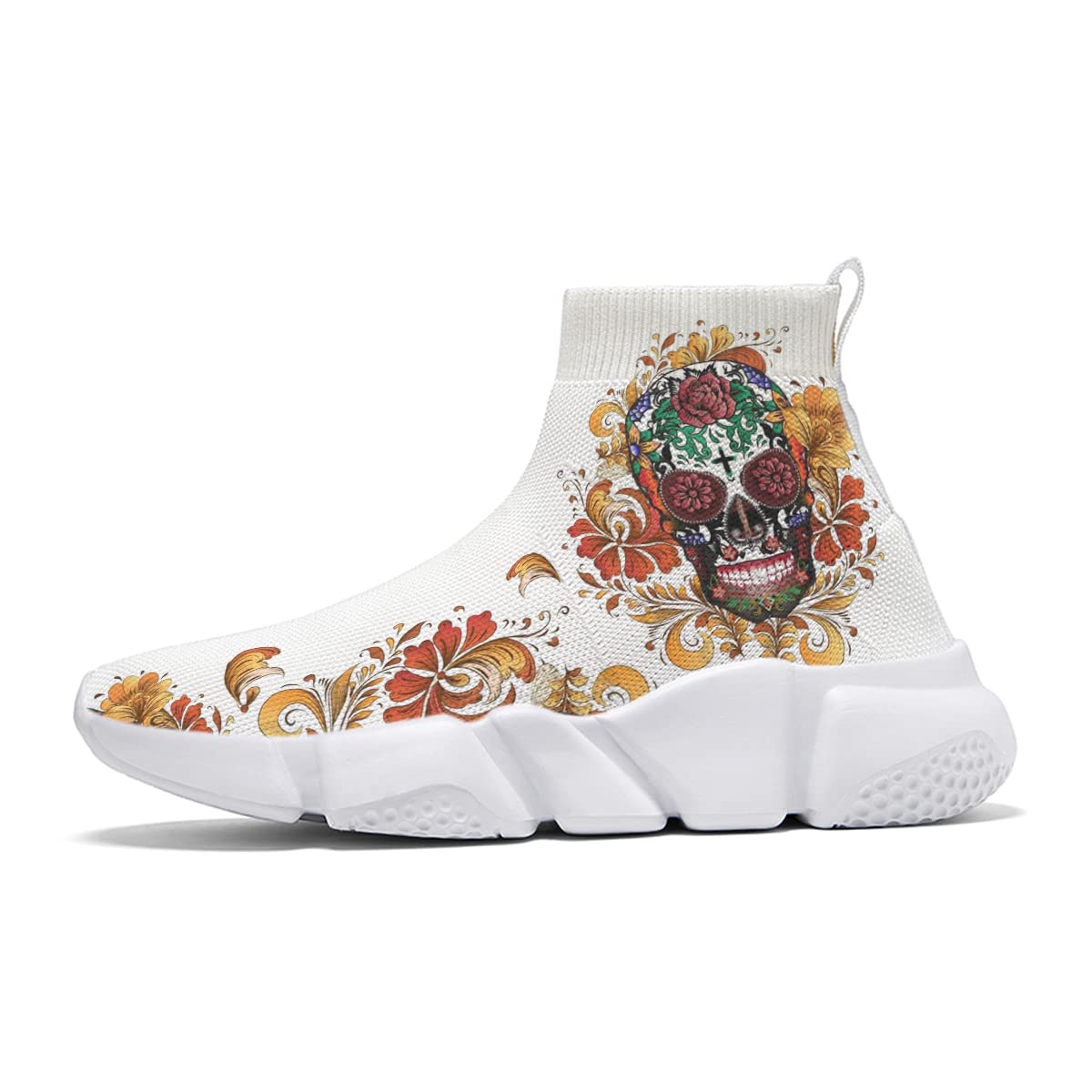 Hetios Women's Fashion Skull Print Slip-On Sneakers - Knit Athletic Running Shoes for Jogging, Walking & Casual Wear - Comfortable White Sports Shoes for Women - Perfect for Gym, Workout & Everyday Outfits