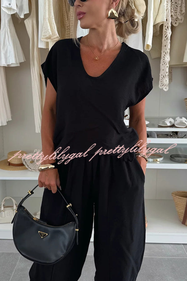 Leva Linen Blend Drawstring Short Sleeve Top & Elastic Waist Pocket Loose Tapered Pants Set - Women's Casual Summer Outfit for Beach, Travel and Everyday Wear