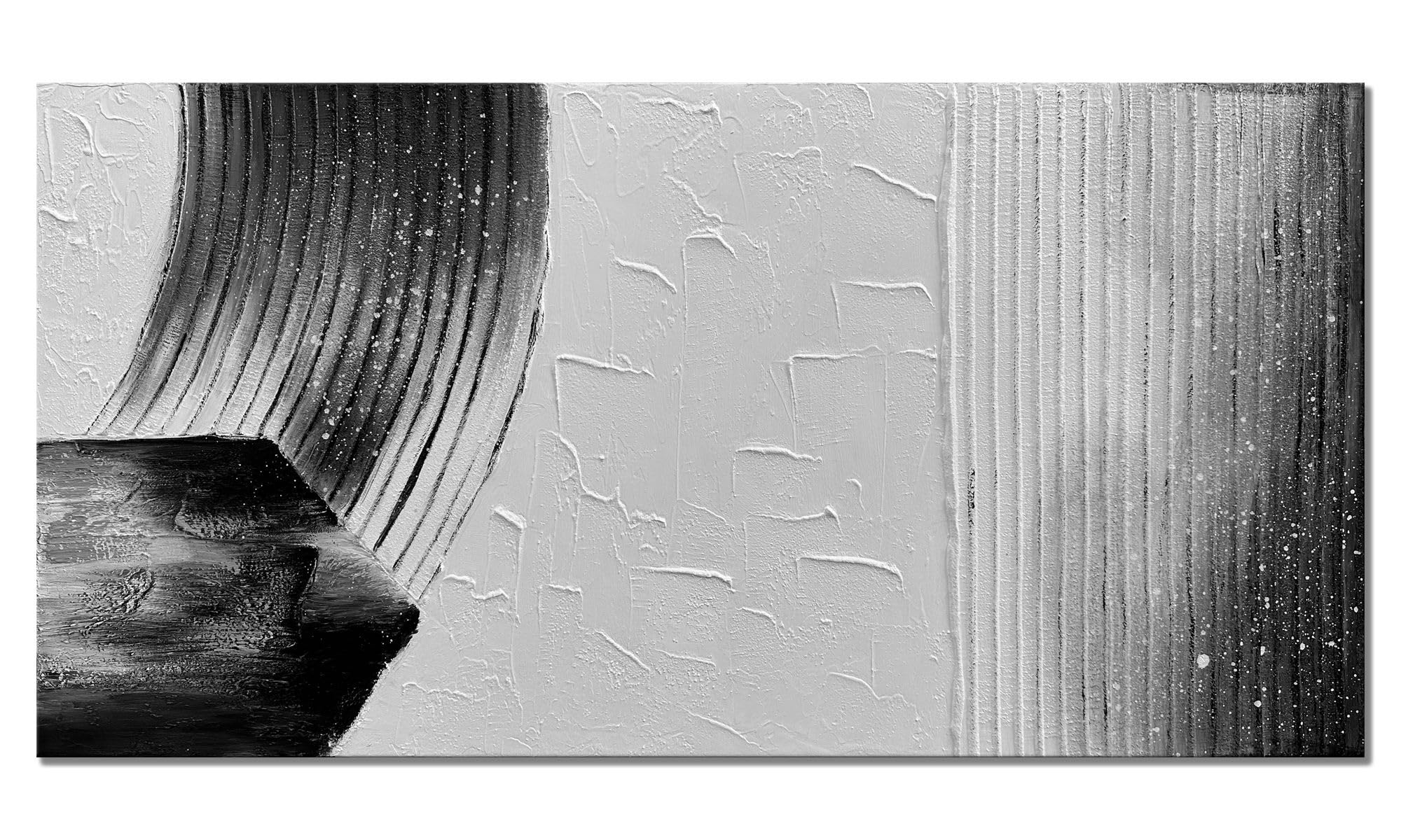 Handmade Black and White Abstract Canvas Wall Art - 48x24 Inches Large Textured Painting, Minimalist Contemporary Wall Sculpture for Living Room, Bedroom & Office Decor