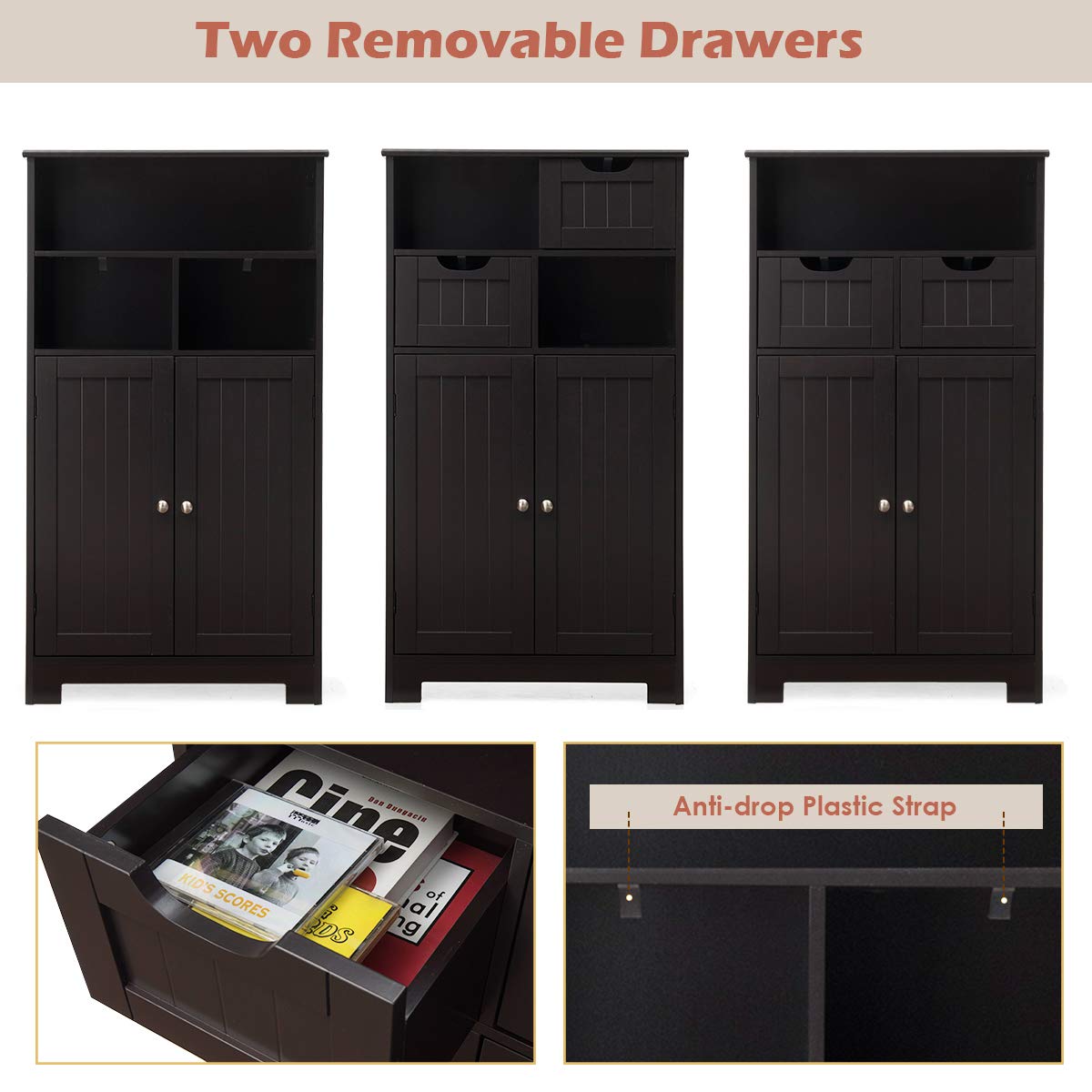 GLACER Multifunctional Floor Cabinet with Removable Drawers & Adjustable Shelf - 24 x 12 x 43 Inches Bathroom Storage Organizer for Living Room, Kitchen, Entryway - Space-Saving Brown Wood Cabinet (Perfect for Small Spaces & Home Organization)