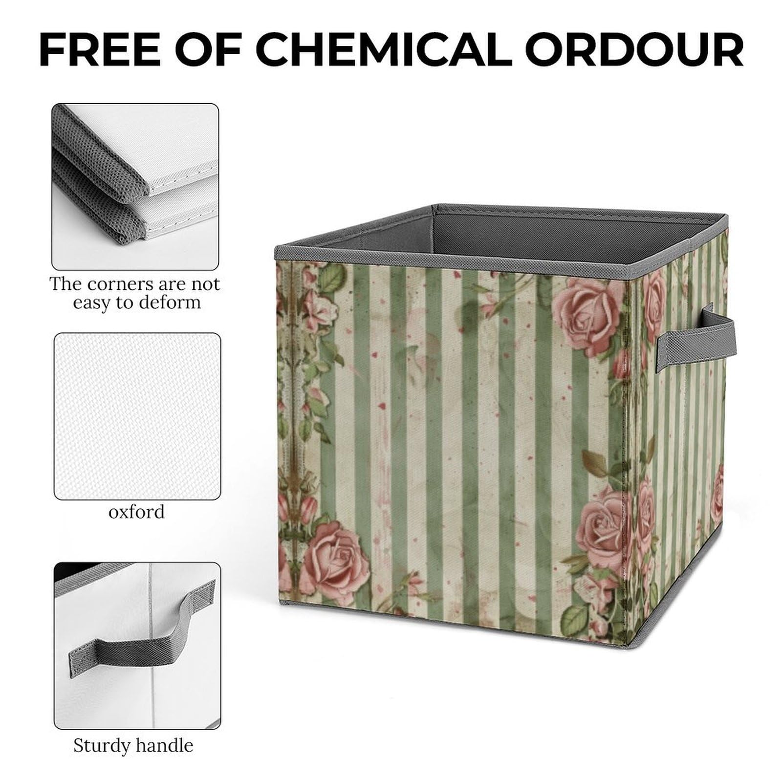 Foldable Fabric Storage Bins with Handles - Cube Organizer for Clothes, Toys & Home Organization (Roses & Green Plants Design) | Perfect for Closet, Cabinet & Shelf Storage - Ideal for Bedroom, Nursery & Dorm Organization