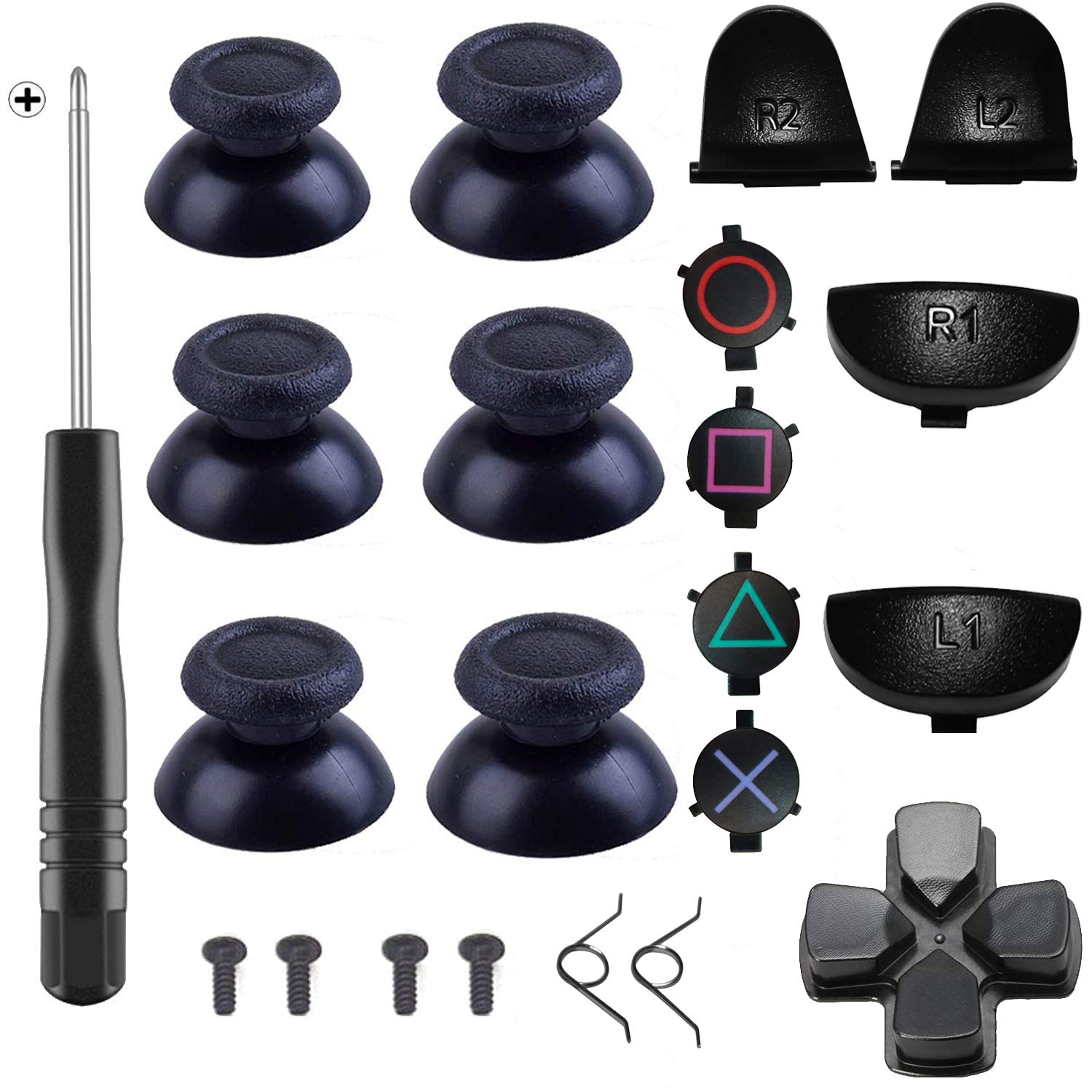 PS4 Controller Joystick Replacement Kit - Thumbsticks, Cross Screwdriver, L1 L2 R1 R2 Triggers, ABXY Buttons, D-Pad & Springs for PlayStation 4 (Black) | Perfect for DIY Repairs, Gaming Upgrades & Enhanced Gameplay Experience