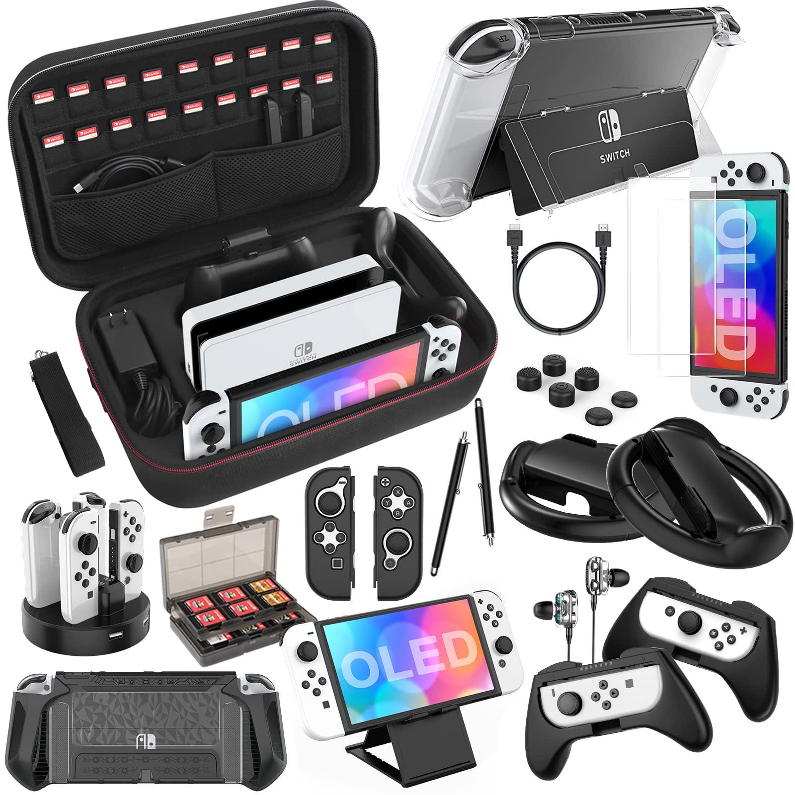 HEYSTOP 28-in-1 Nintendo Switch OLED Accessories Bundle - Dockable Protective Case, Carrying Case, Screen Protector, Joycon Grips & Steering Wheel (Black) | Perfect for Travel, Gaming Parties & Home Entertainment