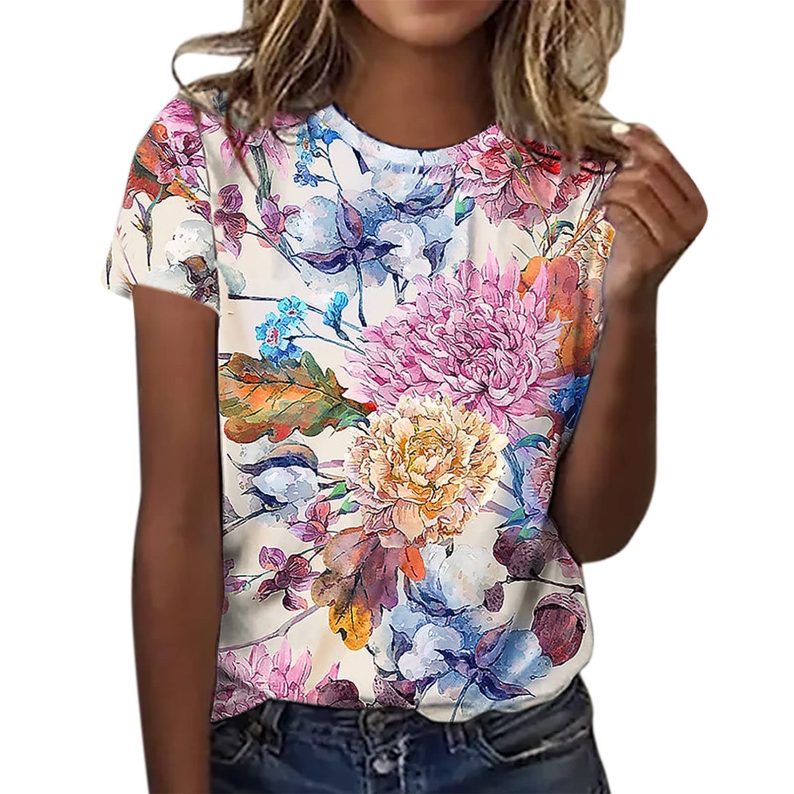 Women's Summer Short Sleeve Crew Neck Floral Printed Athletic Top - Breathable Casual T-Shirt for Workout, Yoga & Everyday Wear