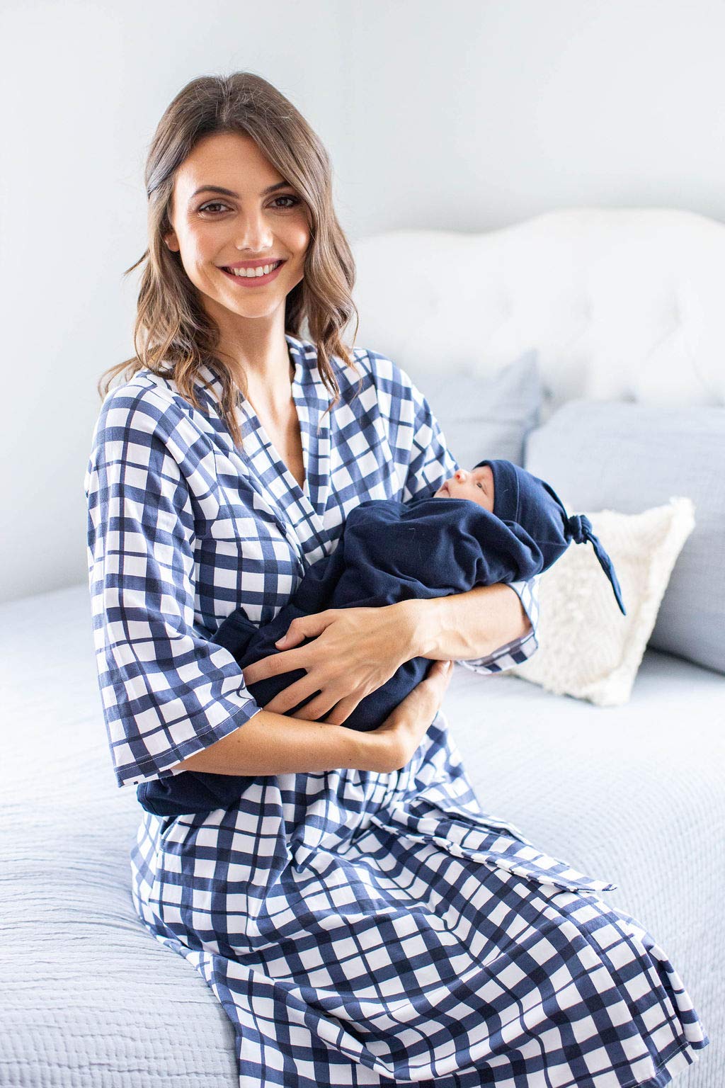 Baby Be Mine Maternity Nursing Robe & Swaddle Blanket Set with Daddy T-Shirt - Blue Gingham (2XL/3XL Robe, XL Shirt) - Perfect for Hospital Delivery, Newborn Photos & Family Bonding