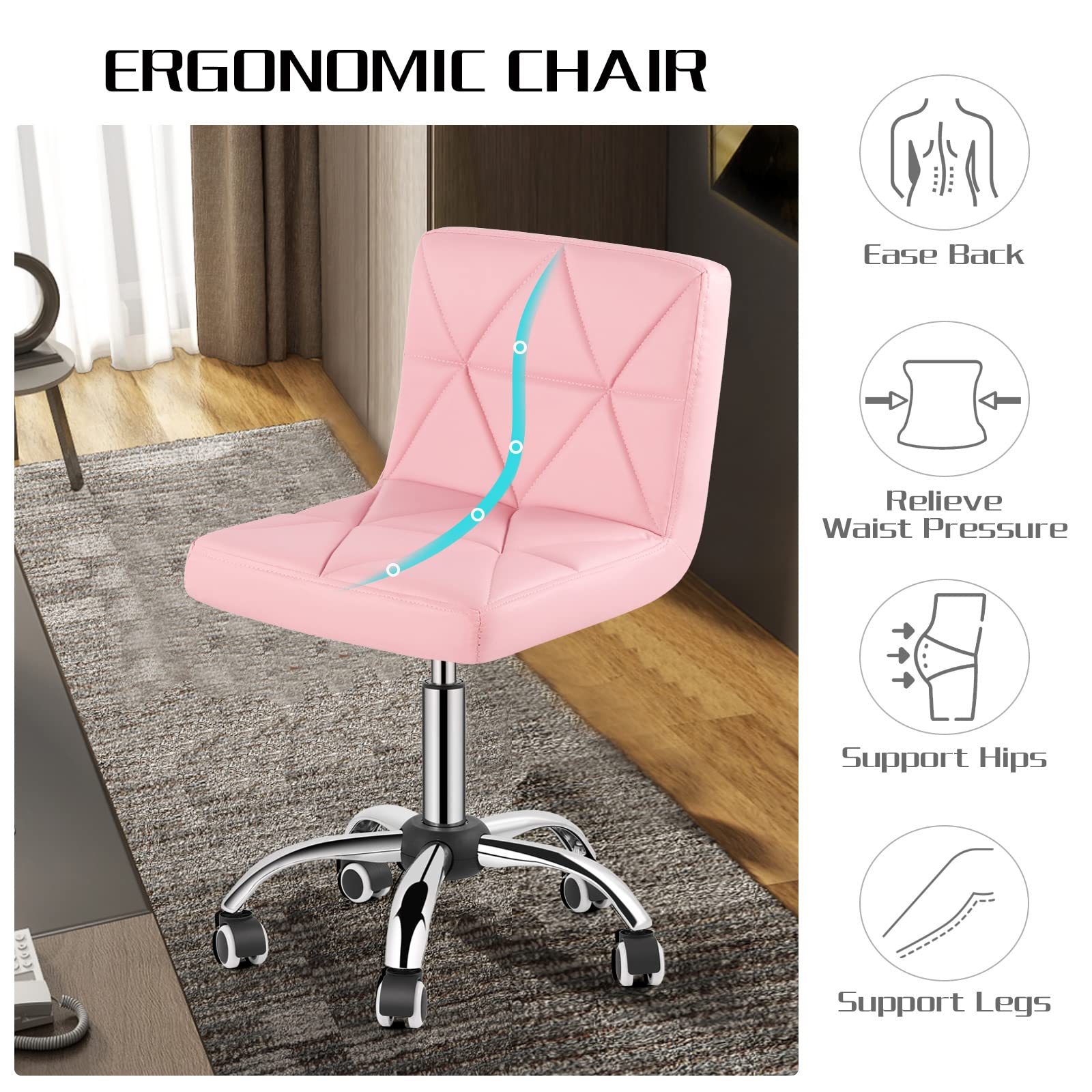 2-Pack COSVALVE Armless Low Back Swivel Office Chairs - Adjustable Task Chairs with Rolling Wheels & Diamond Pattern - Perfect for Home Office, Computer Work & Barber Shops (Pink)