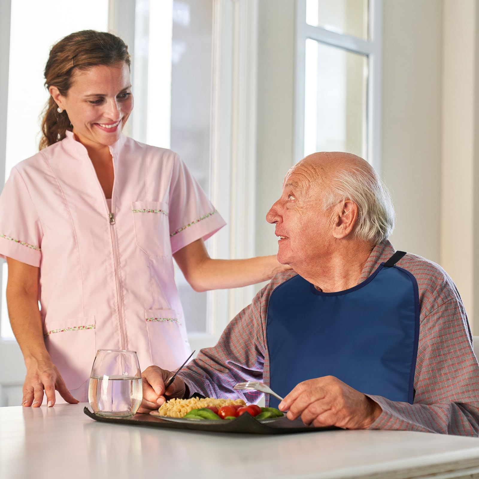 Double Layer Stretchable Adult Bibs with Crumb Catcher - Waterproof & Washable Clothing Protector for Elderly & Disabled - Perfect for Mealtime, Dining Out & Home Care